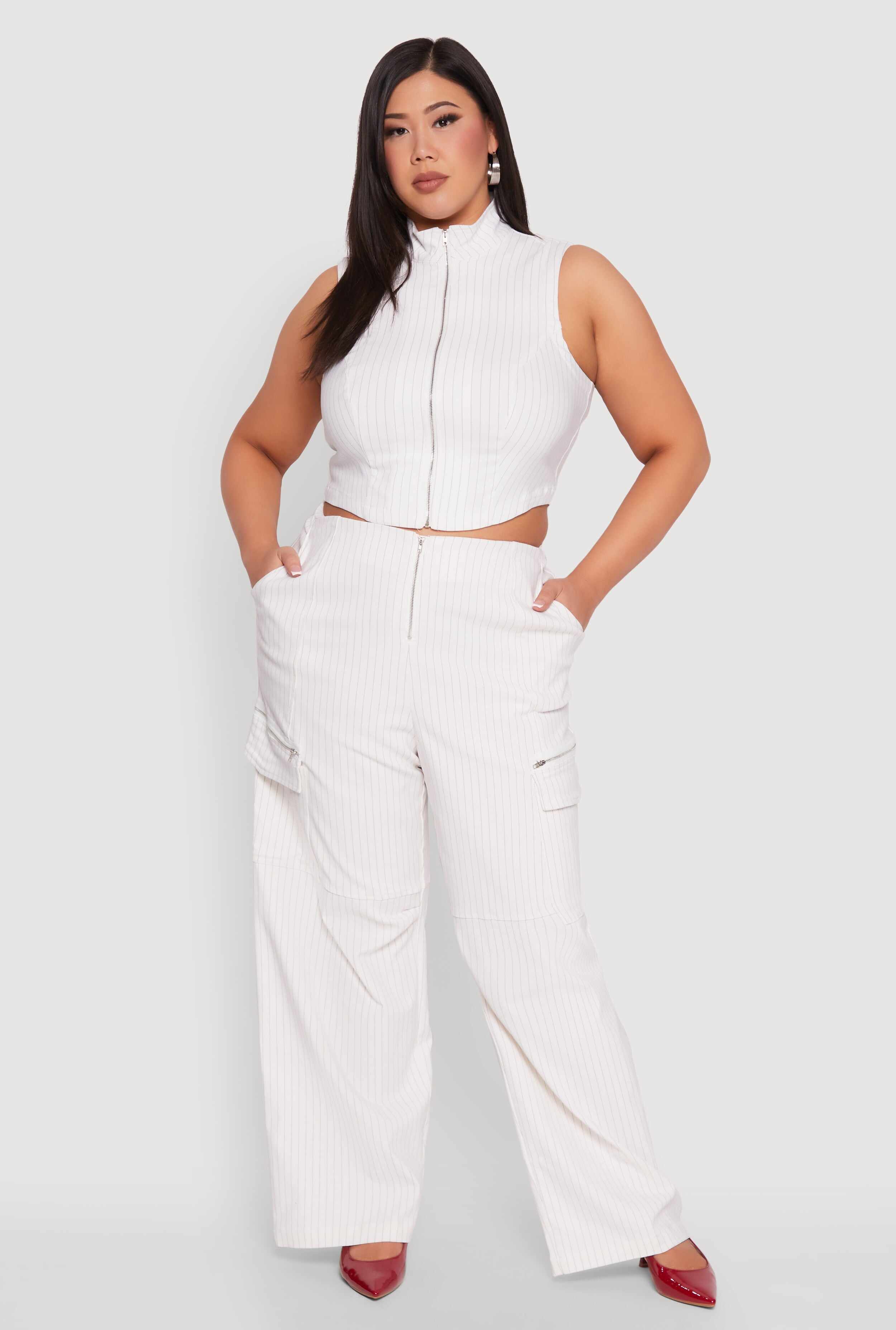 Plus Size Pinstripe Zip Cargo Dress Pants