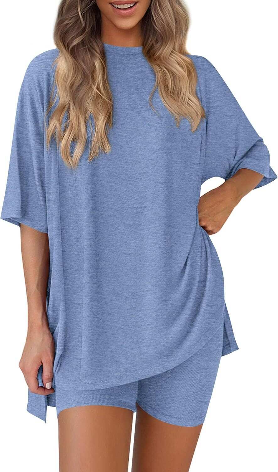 🔥Flash sale🔥Women's Two Piece Lounge Set 2026 Summer Casual Oversized Shirts  Biker Shorts Matching Airport Travel Outfit