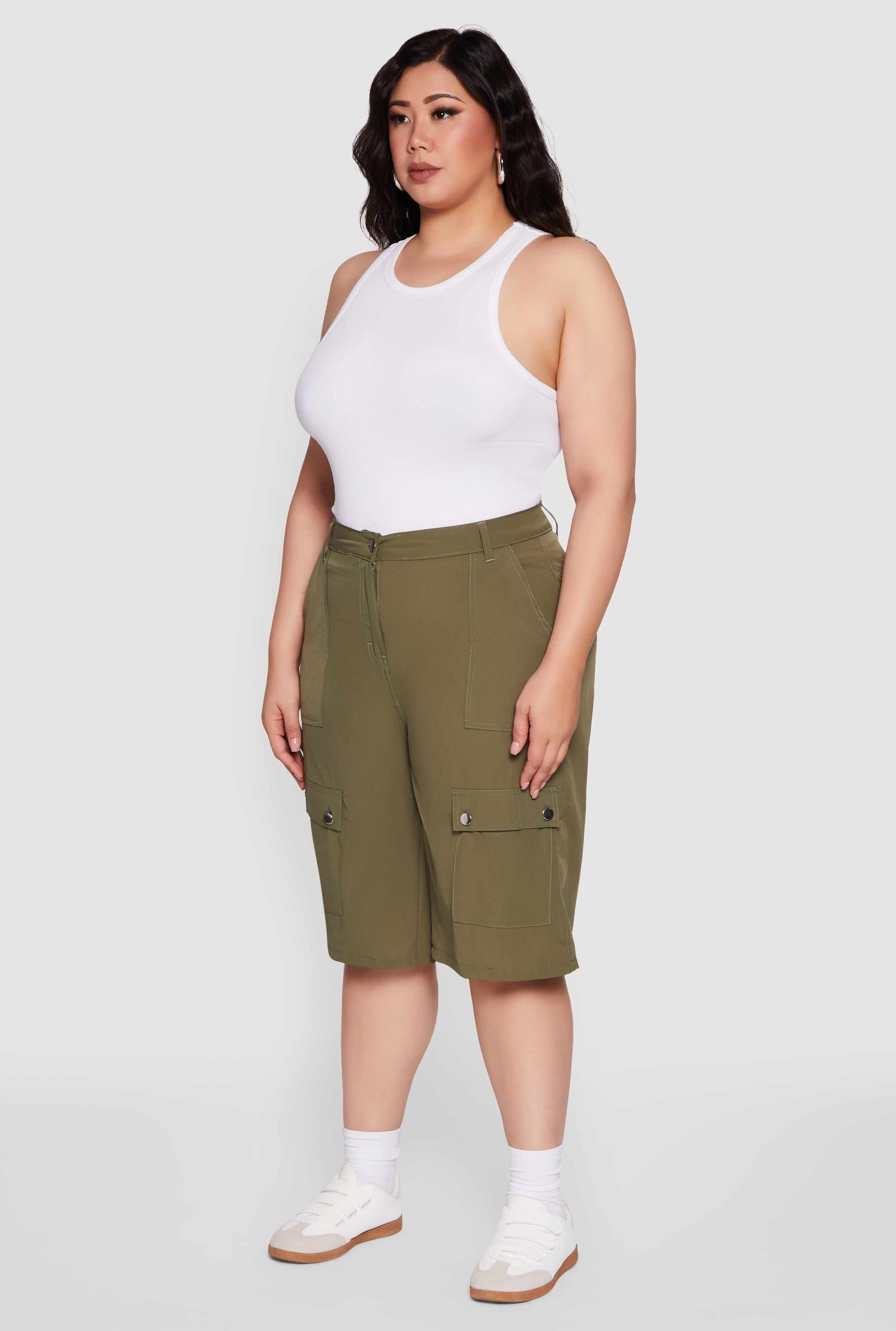Plus Size High Waisted Solid Nylon Cargo Shorts