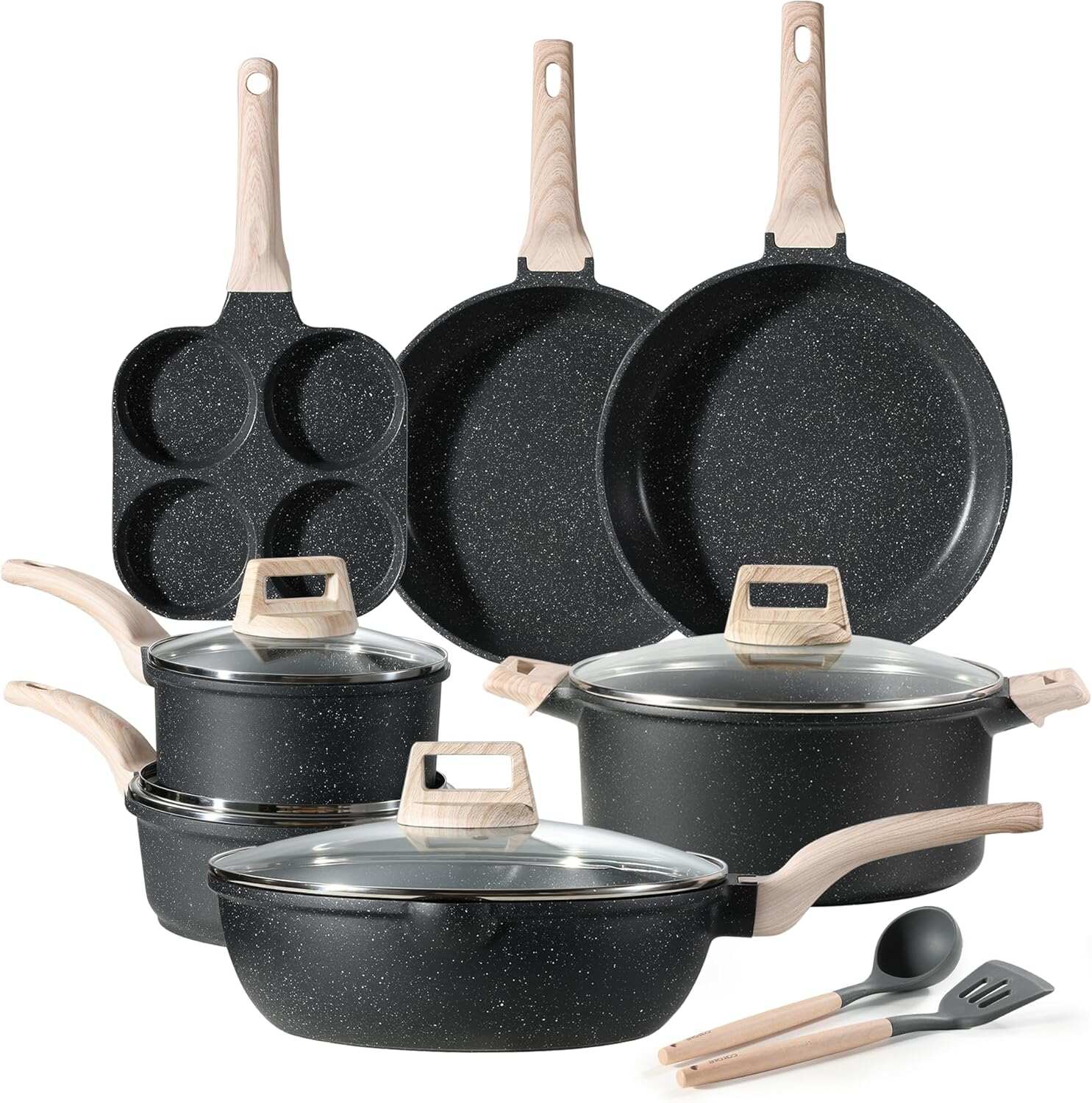 CAROTE ICE 35pcs Pots and Pans Set, Nonstick Cookware Sets, White Granite Induction Cookware with Kitchen Knife Set