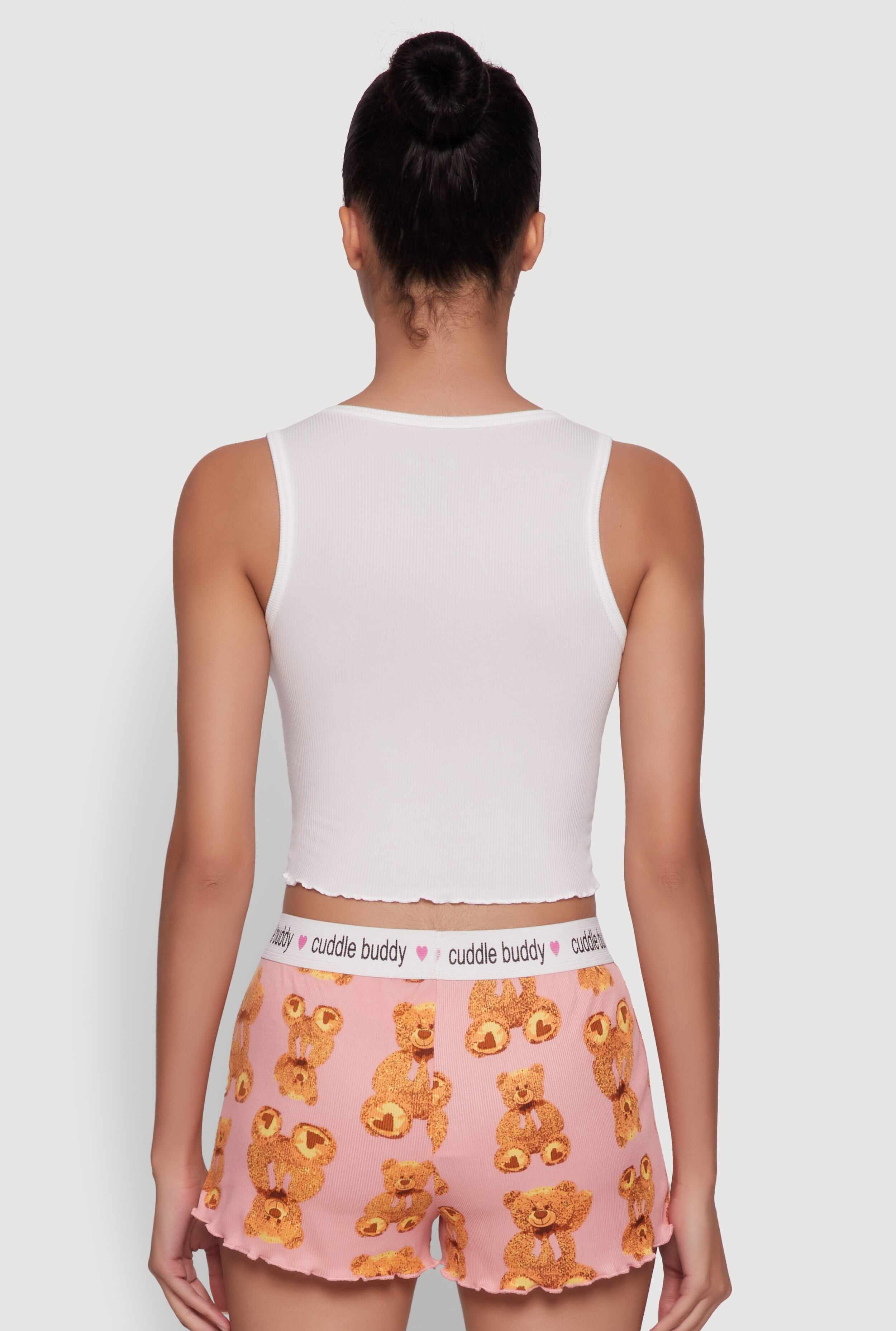 Trendy Graphic Ribbed Knit Sleeveless Pajama Set with Teddy Bear Print