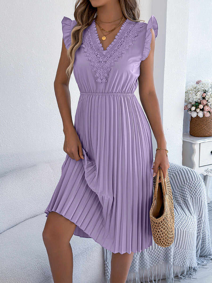 🔥Summer Arrivals🌟Women's Casual Lace V-neck Ruffled Pleated Dress