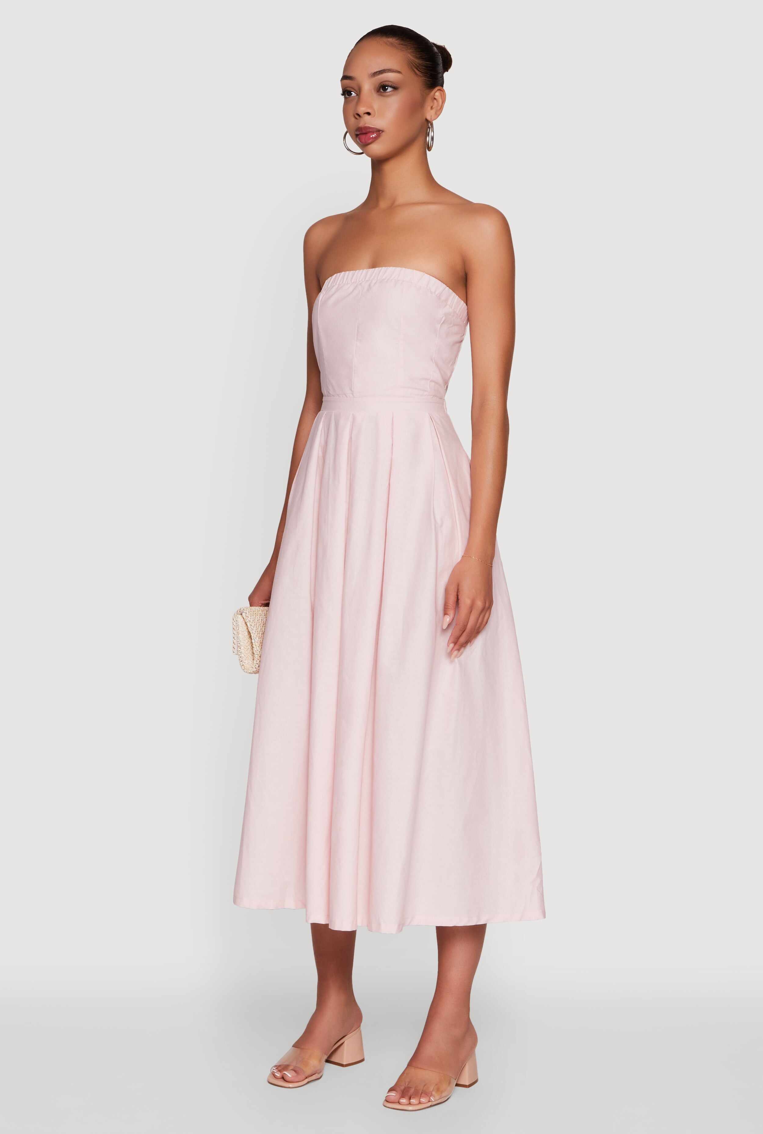 Haute Monde Strapless Pleated Midi Dress with Zip Back