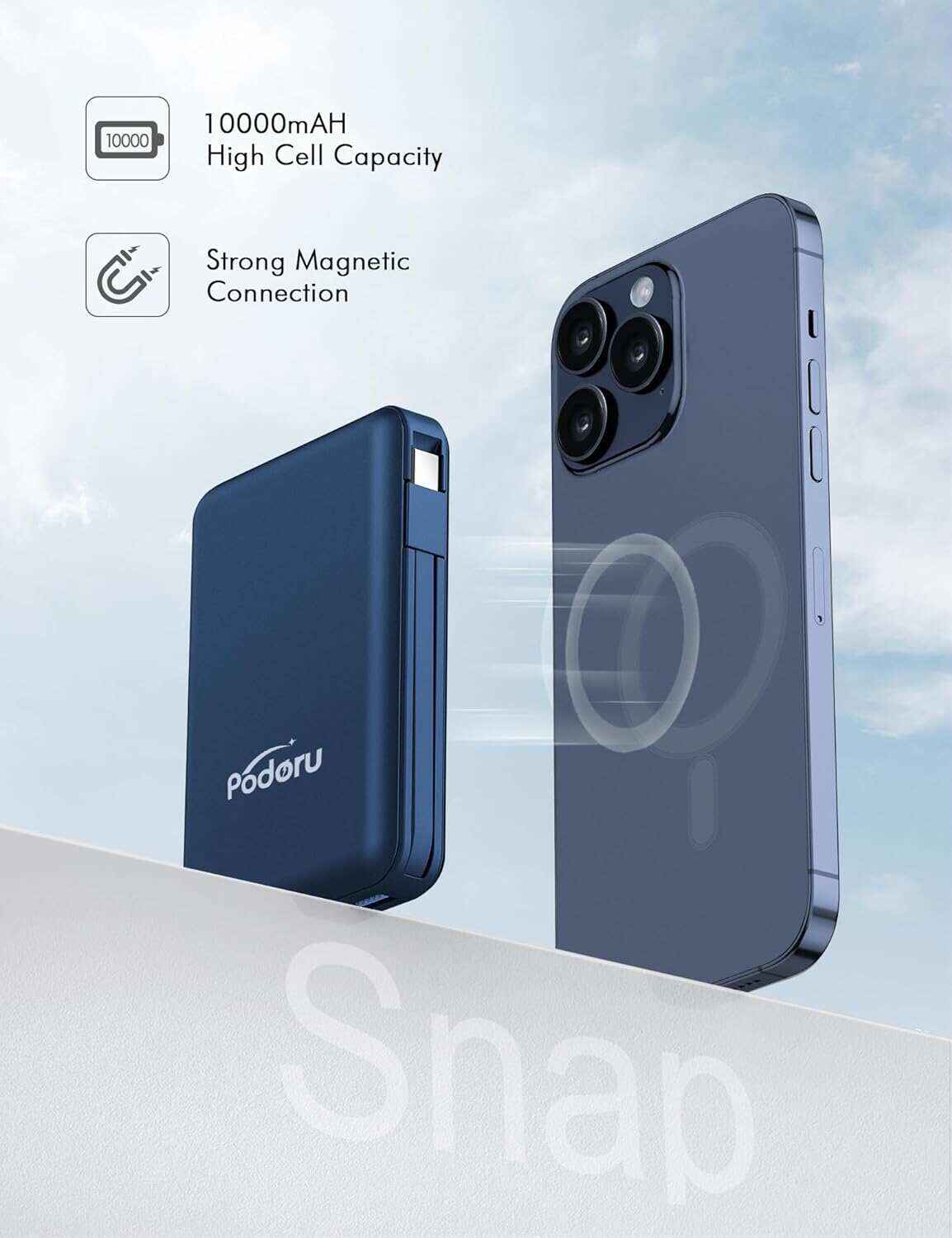 podoru Wireless Portable Charger, 10000mAh Magnetic Power Bank Built-in USB-C Lighting Cables 22.5W PD Fast Charging LED Display Mag-Safe Battery Pack for iPhone 15/14/13/12/Mini/Pro/Pro Max - White