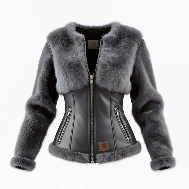 Handmade Black Leather Bomber Jacket, Grey Faux Fur Trim, Slim Fit