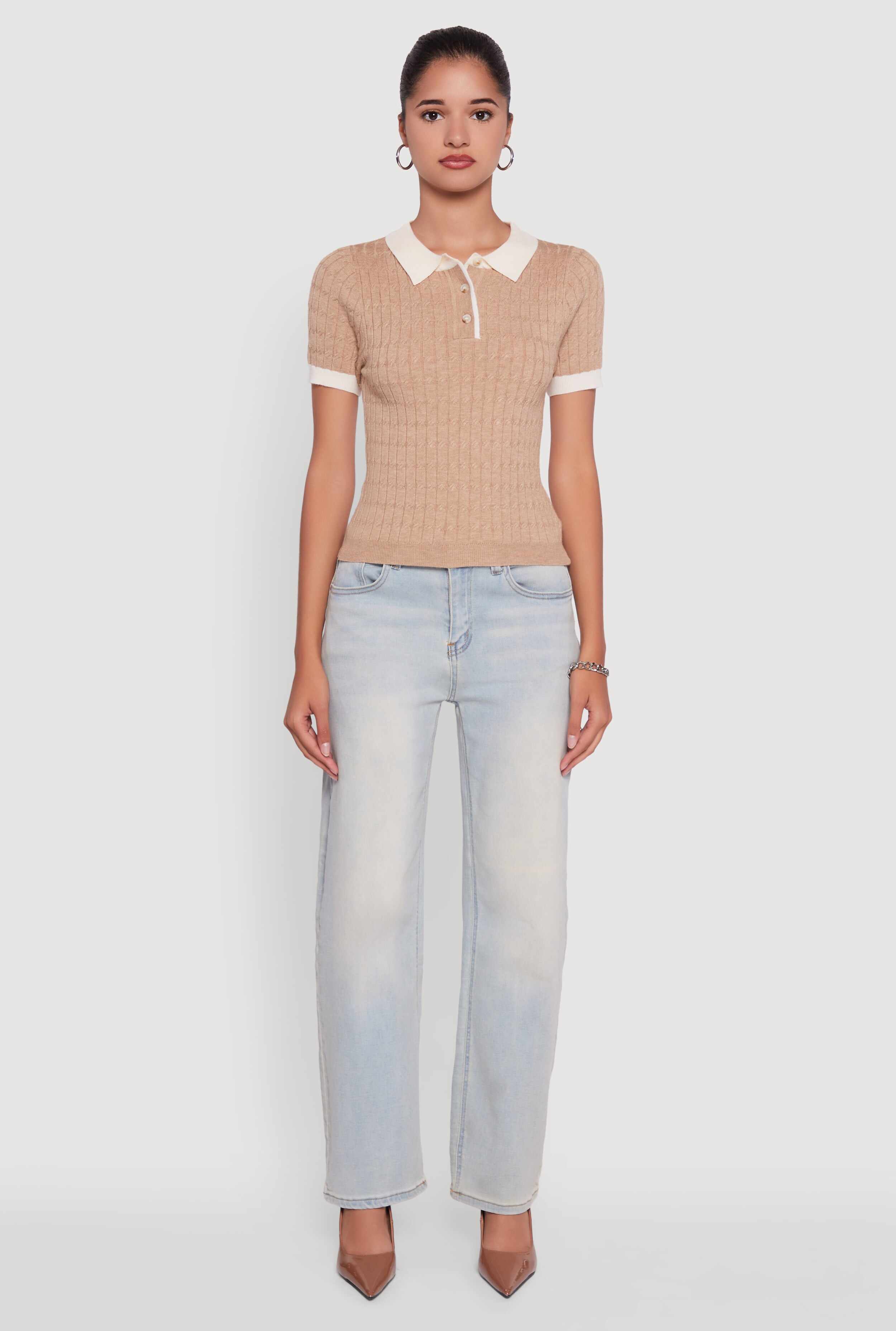 Contrast Trim Cable Knit Sweater Polo