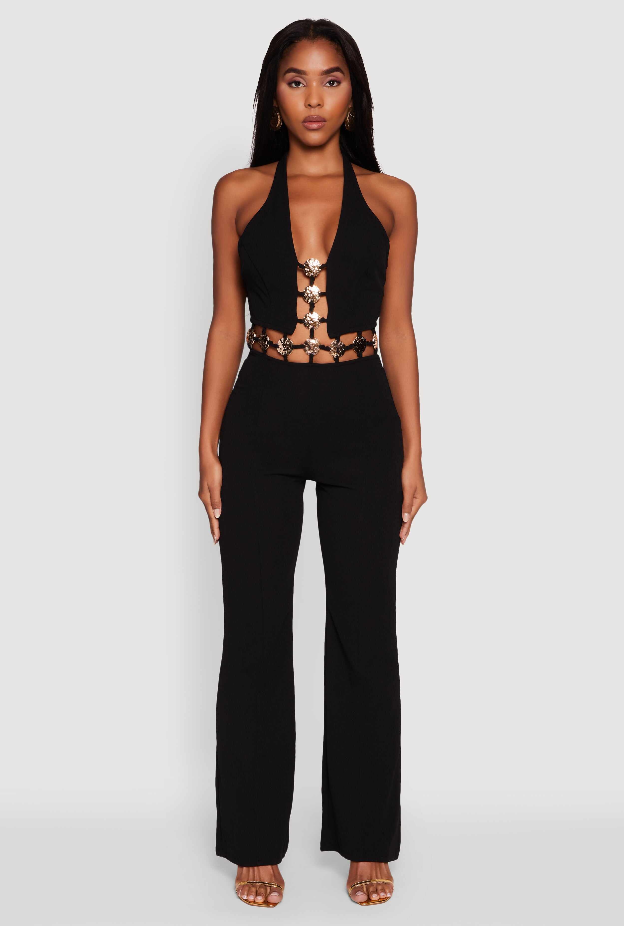 Metallic Detail Plunge Tie Back Halter Jumpsuit