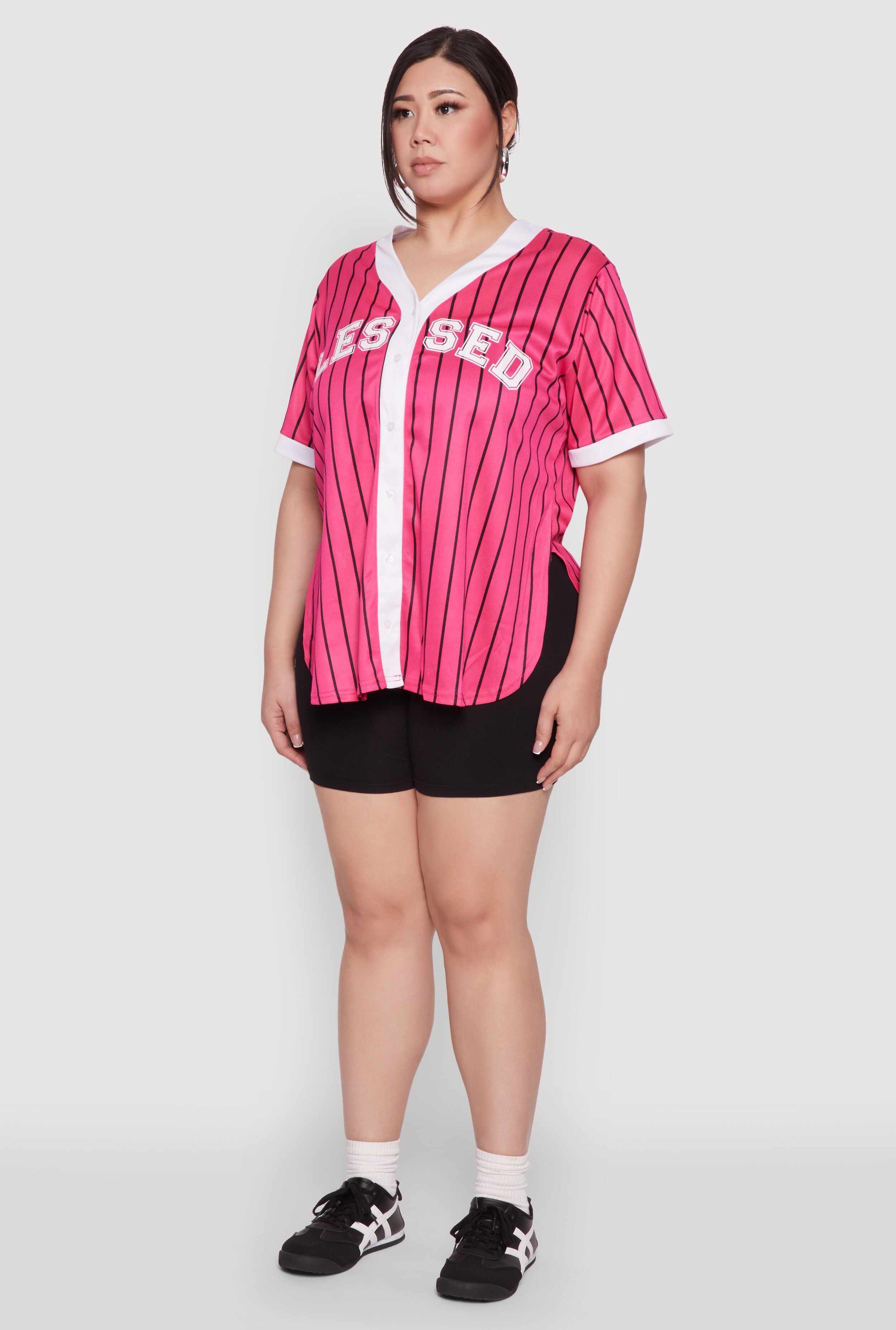 Plus Size Blessed Pinstripe Baseball Shirt