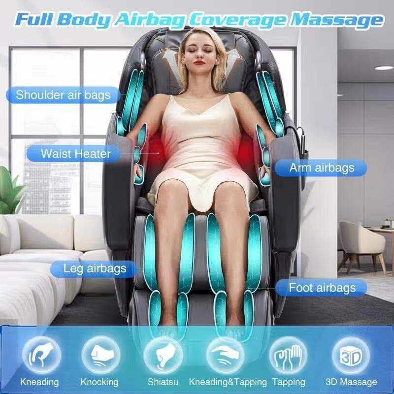 HealthRelife Massage Chair Zero Gravity, Full Body Recliner with Heat Air Pressure SL Track 24 Airbags, Shiatsu Foot Roller Massage Thai-Stretch Bluetooth Speaker, Black&Grey