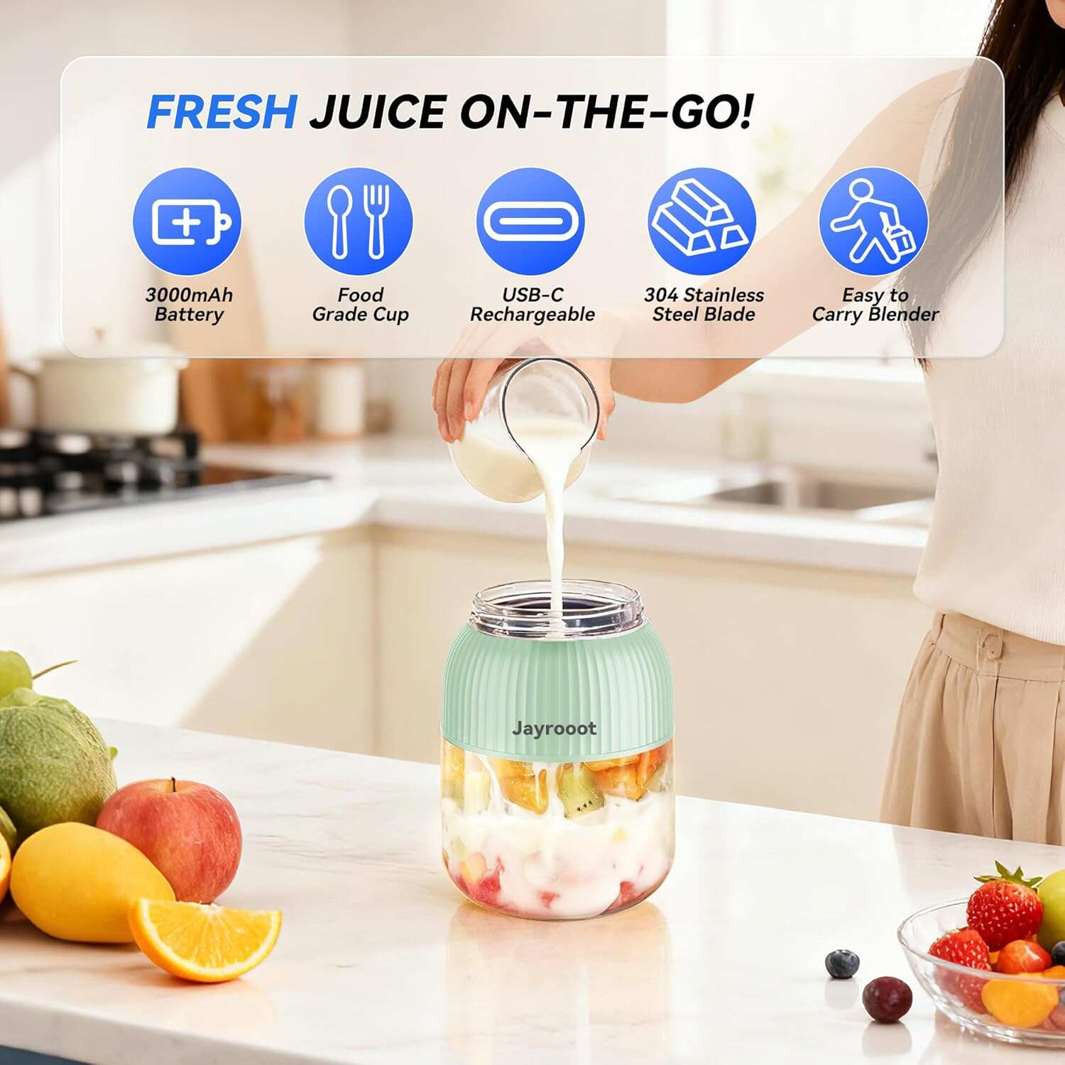 Personal Blender, Compact Cordless, BPA-Free, 20 oz (600ml), USB-C Rechargeable – Makes Juices, Milkshakes, Smoothies – Ideal for Travel, Gym, Office