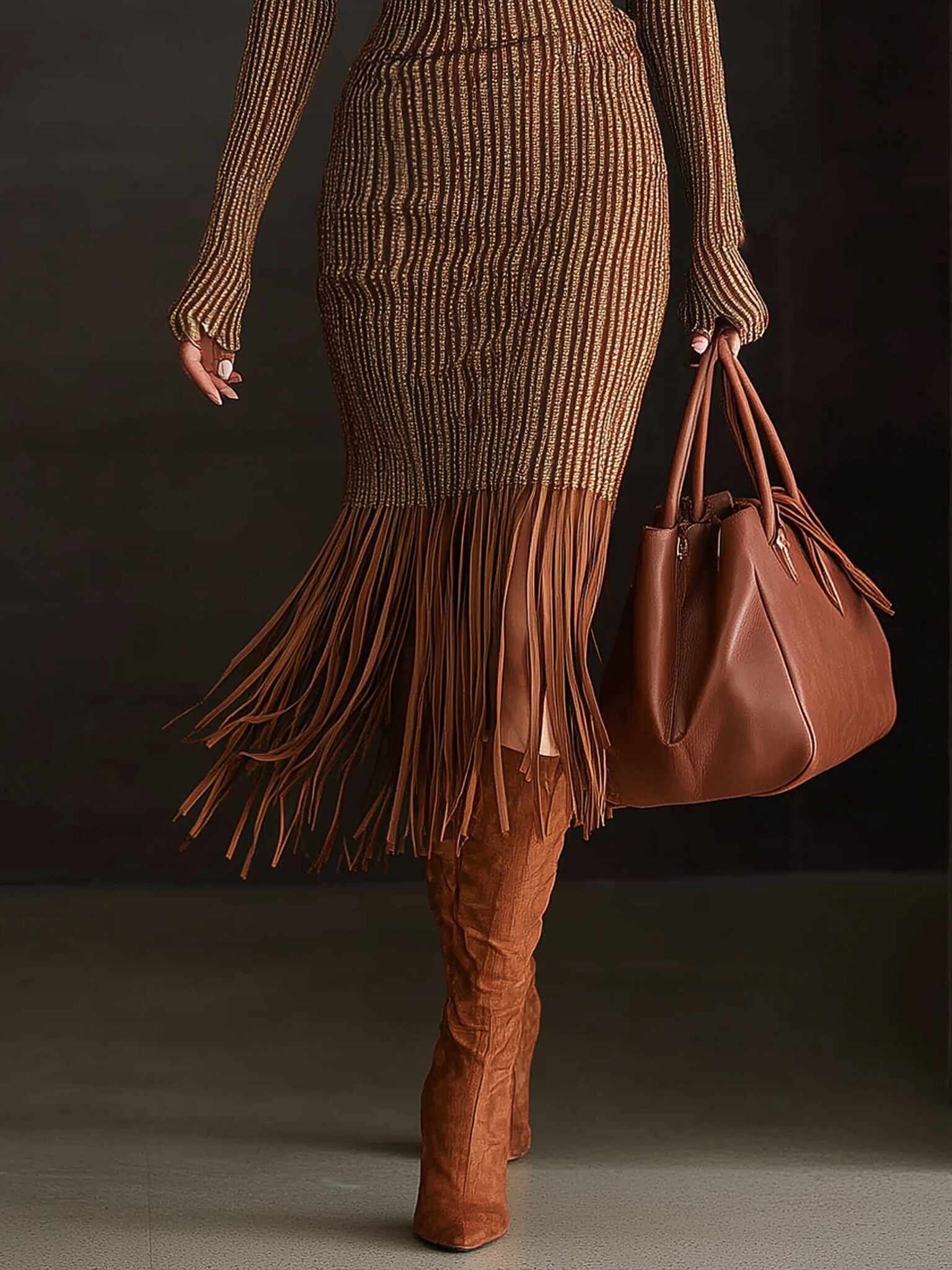 Brown Ribbed Knit Turtleneck Fringed Long Sleeve Bodycon Dress