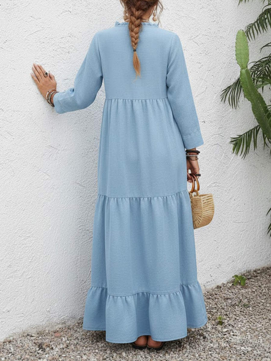 🔥Summer Arrivals🌟Women's Solid Color Round Neck Long Sleeve Casual Loose Cotton Linen Dress