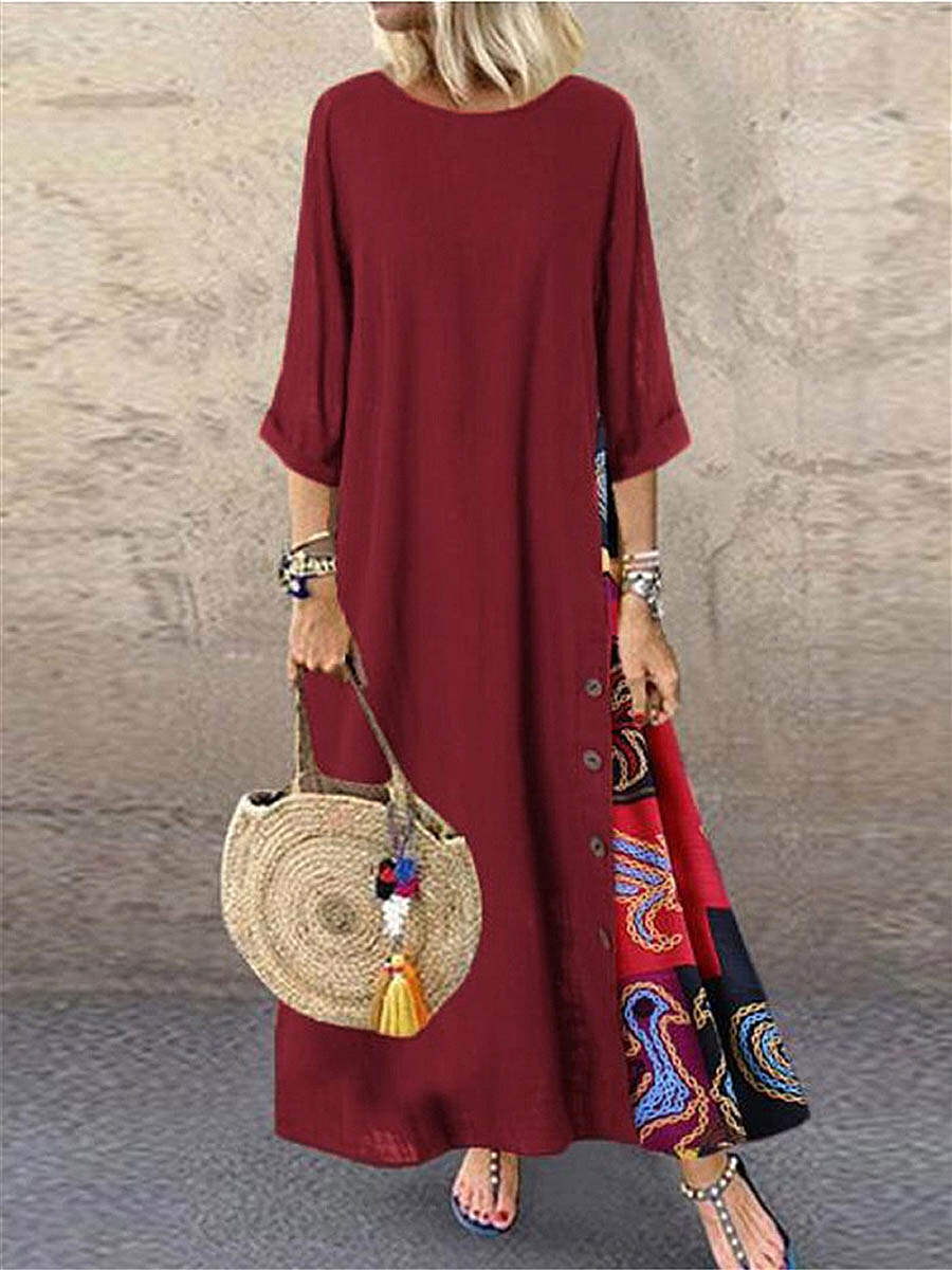 🔥Summer Arrivals🌟Women's Retro Floral Contrast Button Patchwork Cotton And Linen Casual Dress