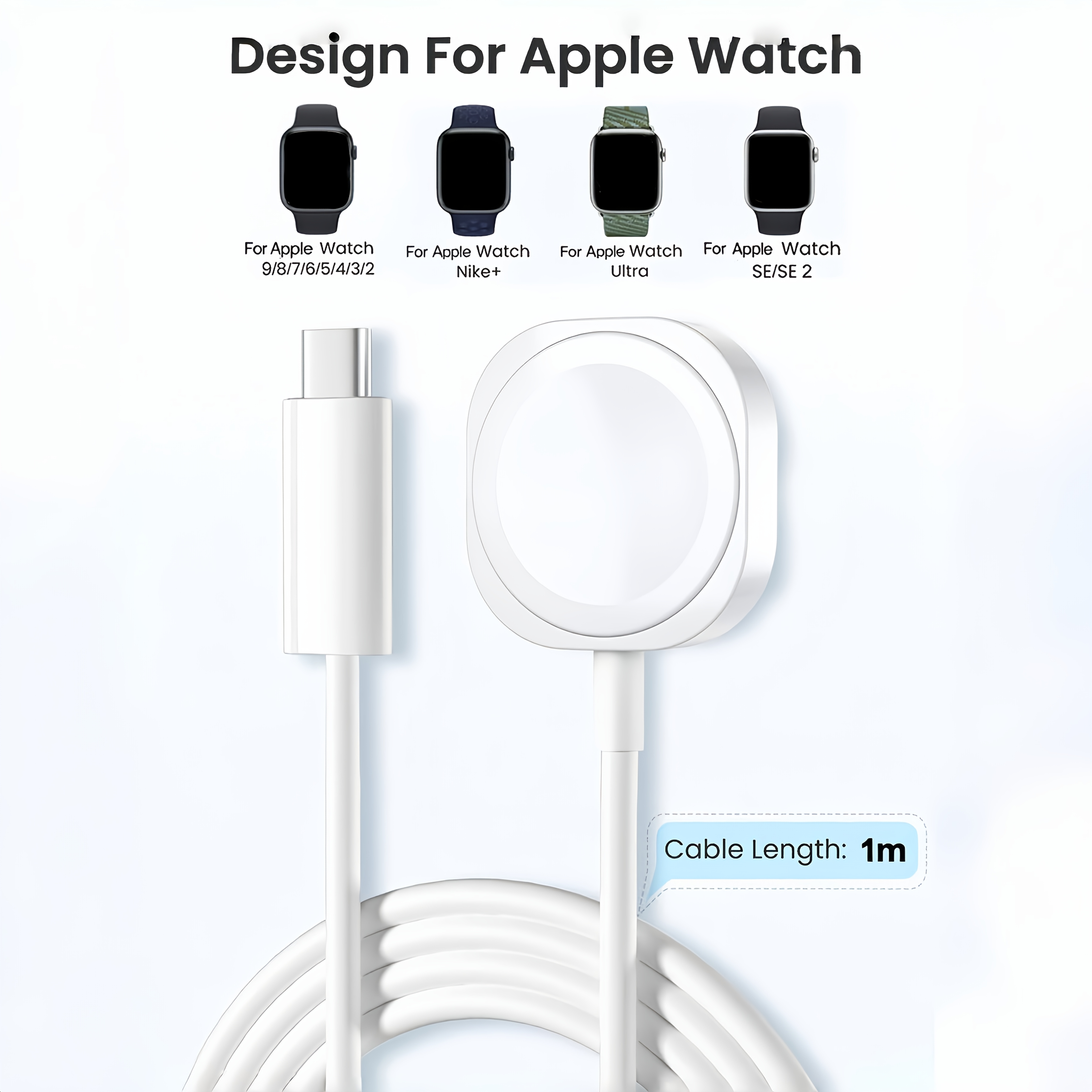 XNOIK Magnetic Wireless Charger for Apple Watch - Fast Charging USB Cable, Compact and Efficient, Compatible with iWatch Series Ultra, SE, 1-10 - Sleek White Portable Design