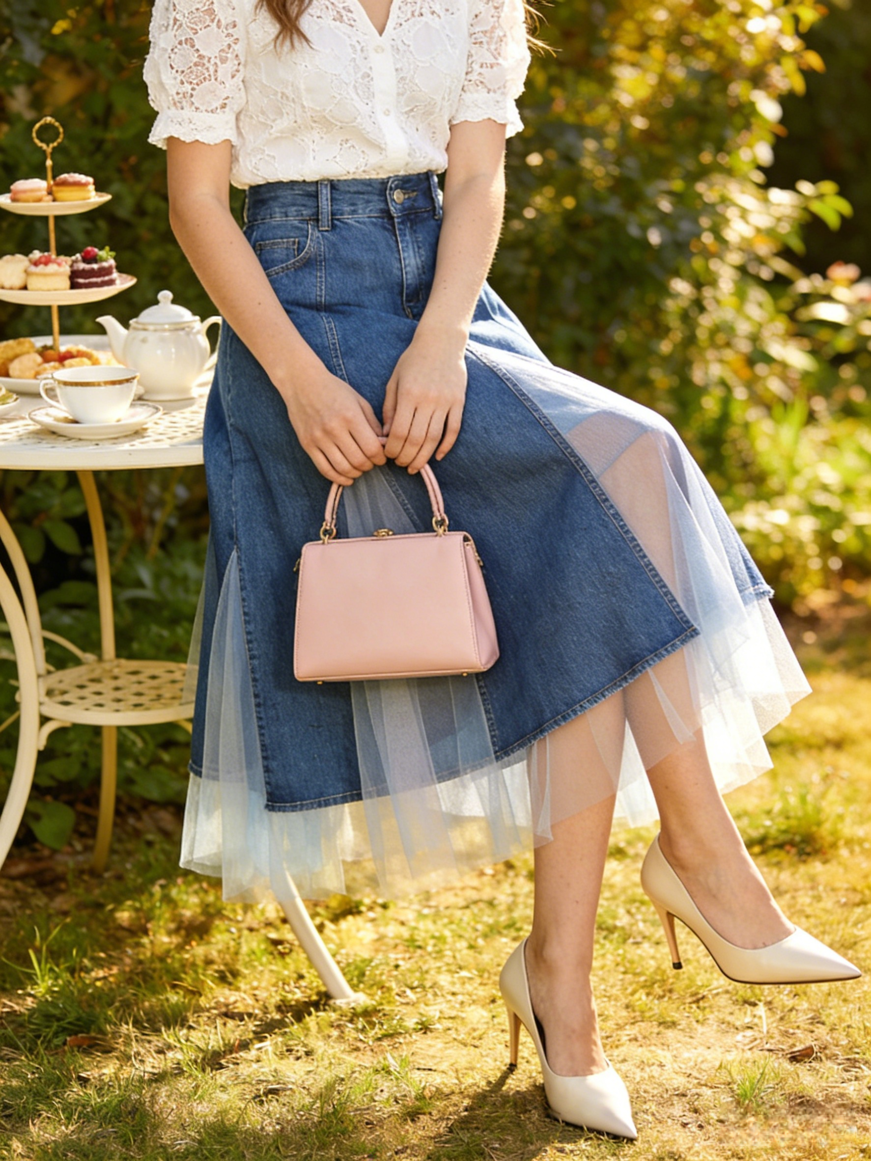 Chic Blue High Waist Tulle Patchwork Denim A Line Skirt