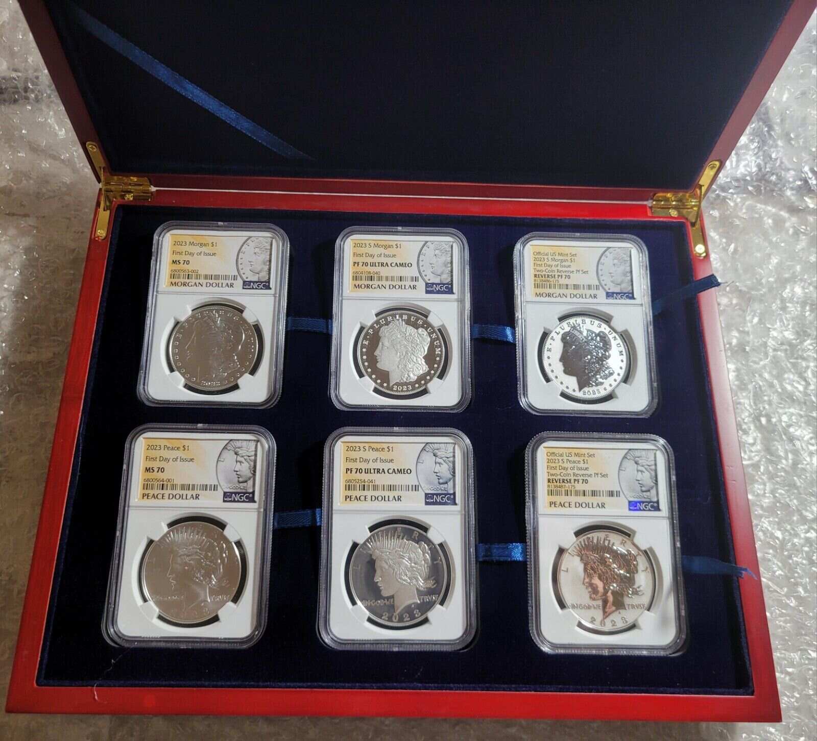 2023 (MS70/PF70) 6-Coin Set $1 Morgan & Peace Silver Dollars FDOI NGC