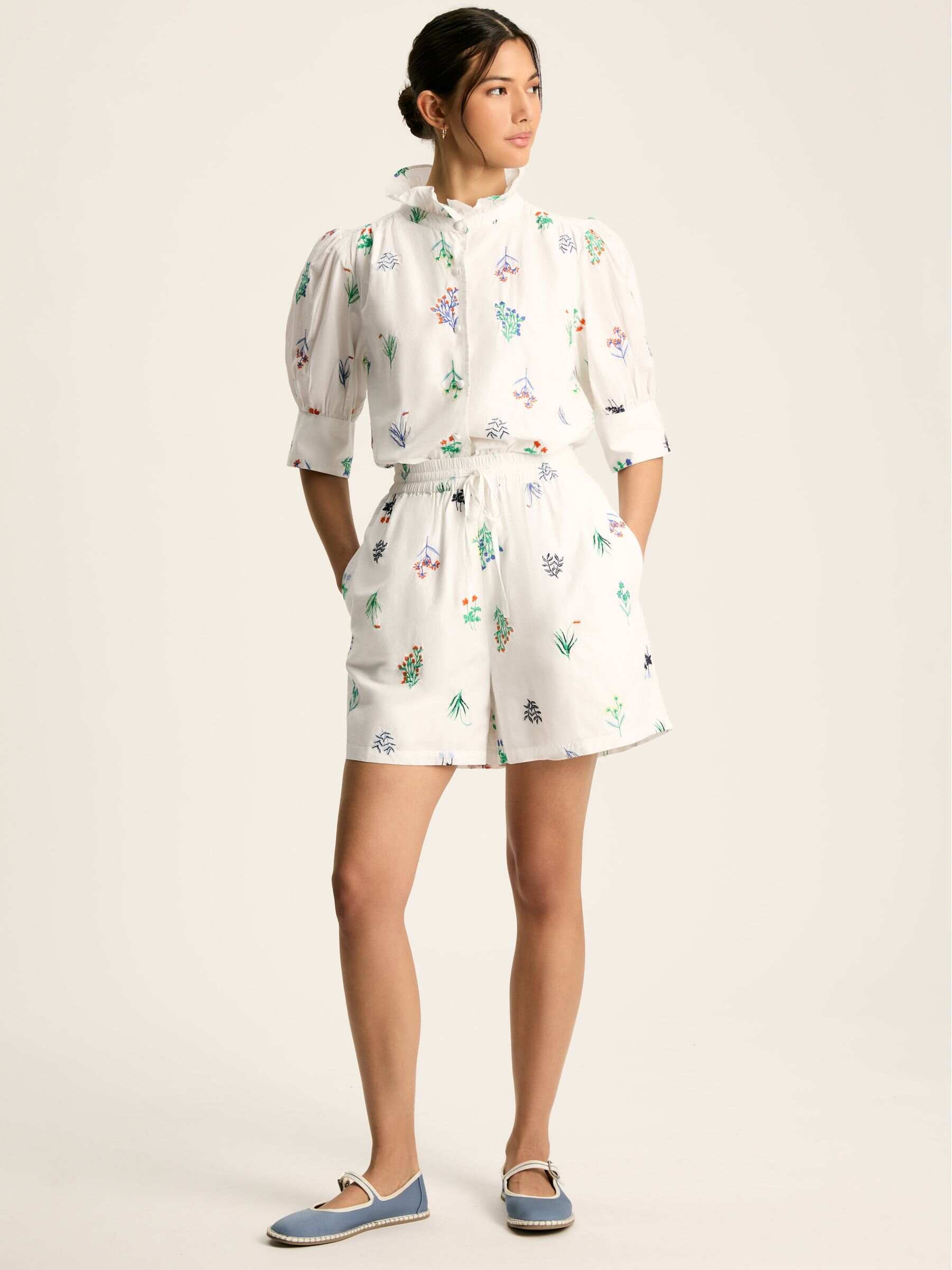 Iris White Ground Embroidered Shorts