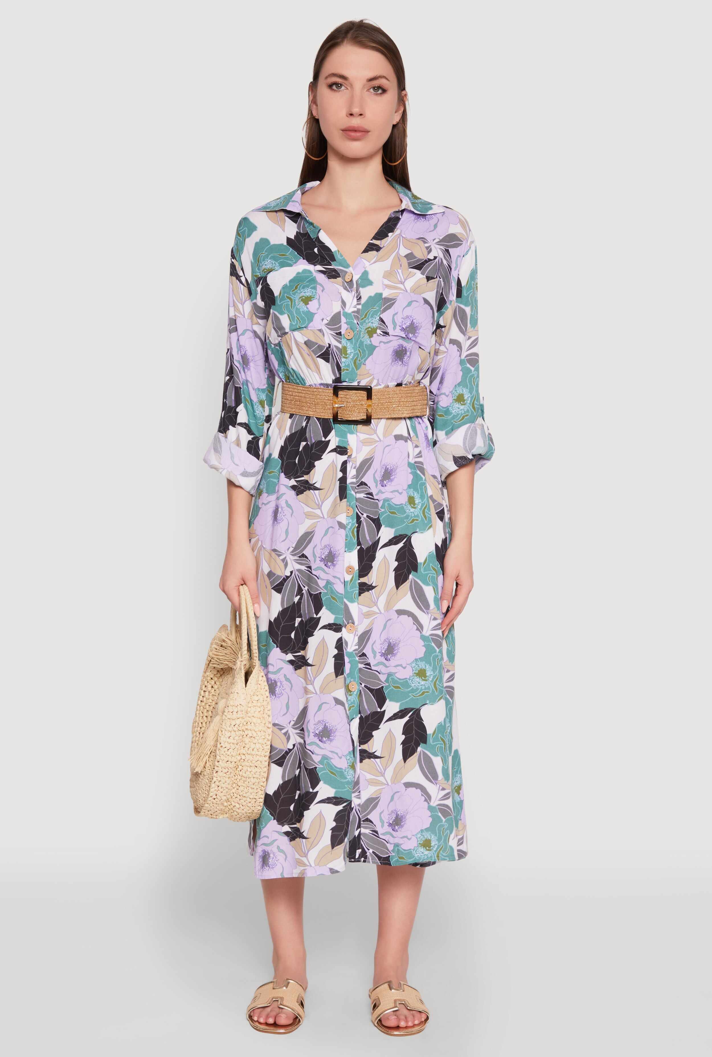 Floral Button Front Belted Shirt Dress