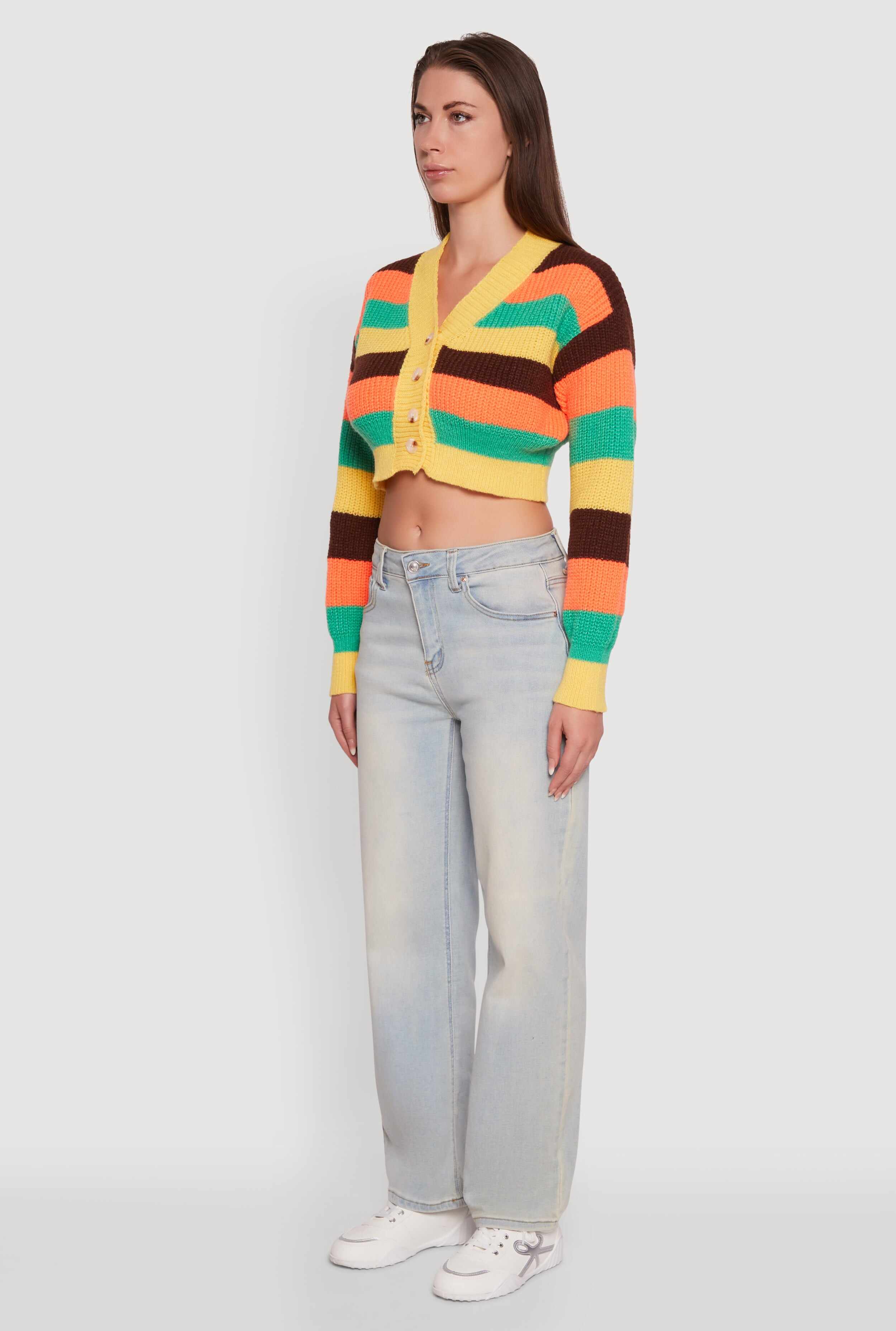 Daisy Striped V-Neck Button Front Cropped Cardigan
