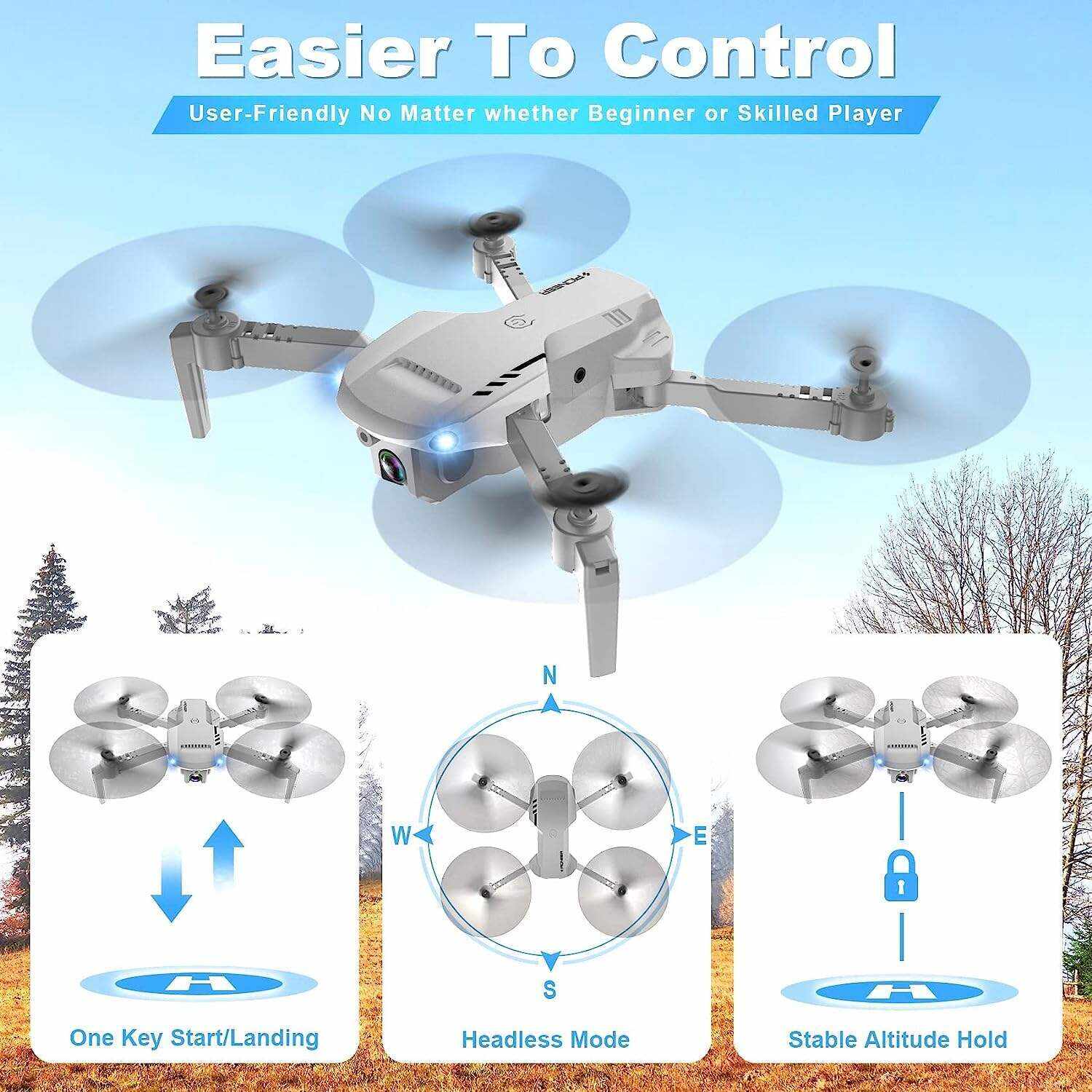 Mini Drone with Camera - 1080P HD FPV Foldable Drone with Carrying Case, 2 Batteries, 90° Adjustable Lens, One Key Take Off/Land, Altitude Hold, 360° Flip, Toys Gifts for Kids and Adults