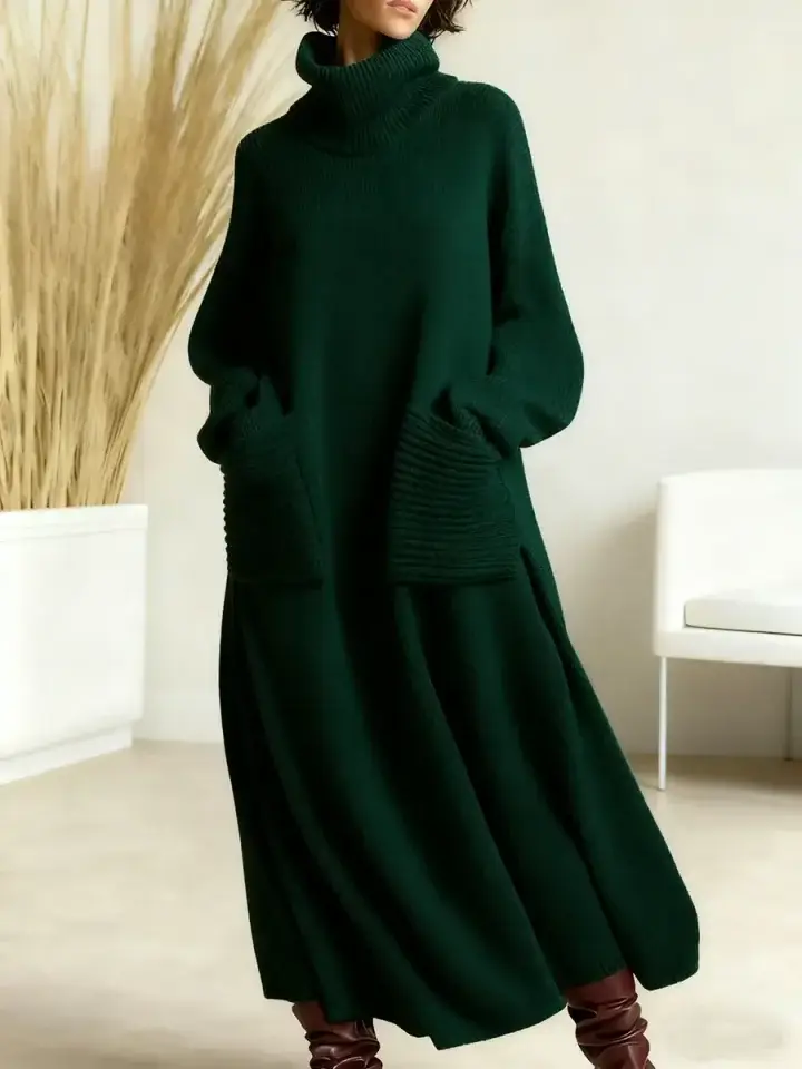 🔥Summer Arrivals🌟Women's Solid Color High-Neck Long-Sleeve Casual Loose Knit Dress