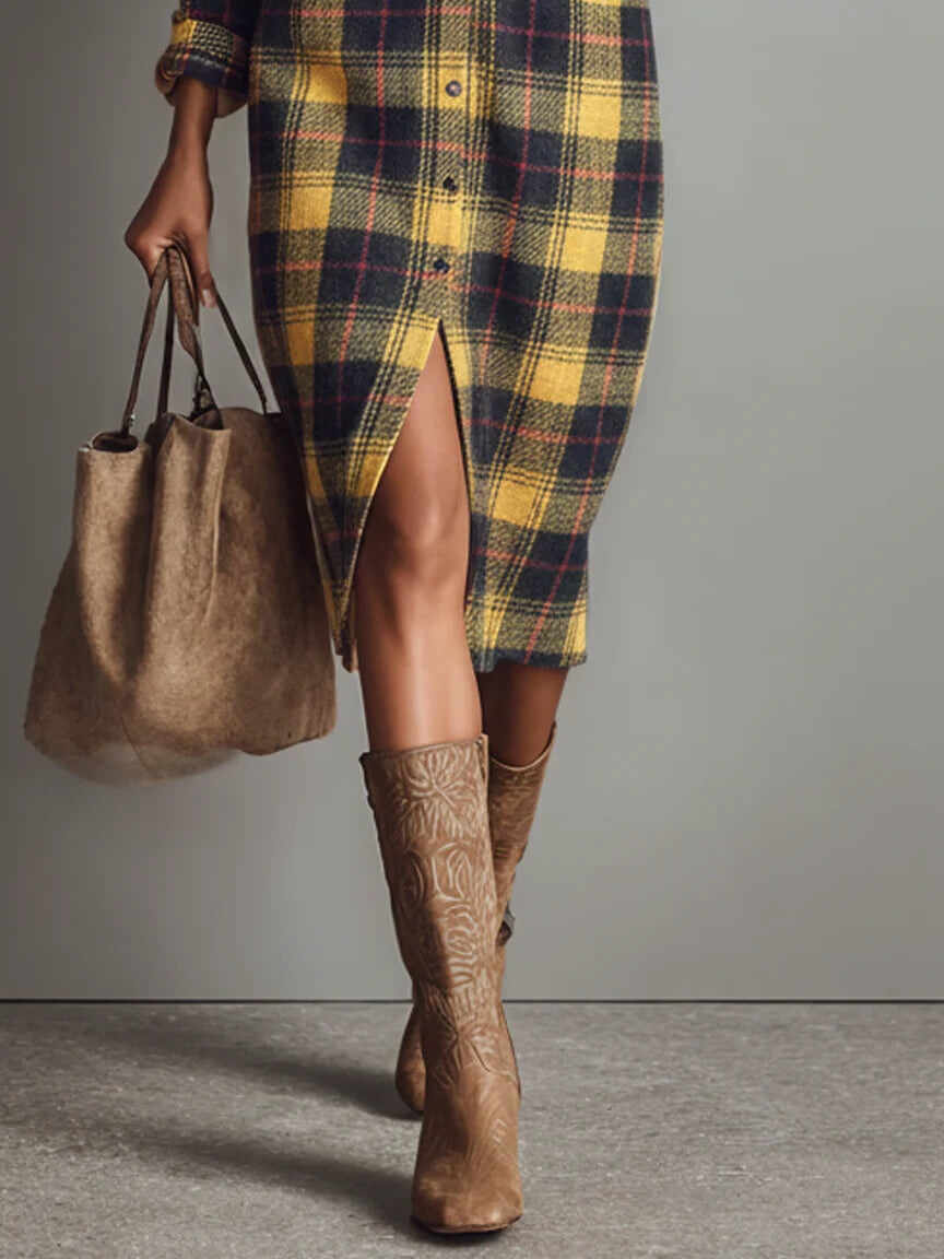 Flannel Plaid Long Sleeve Shirt Midi Dress