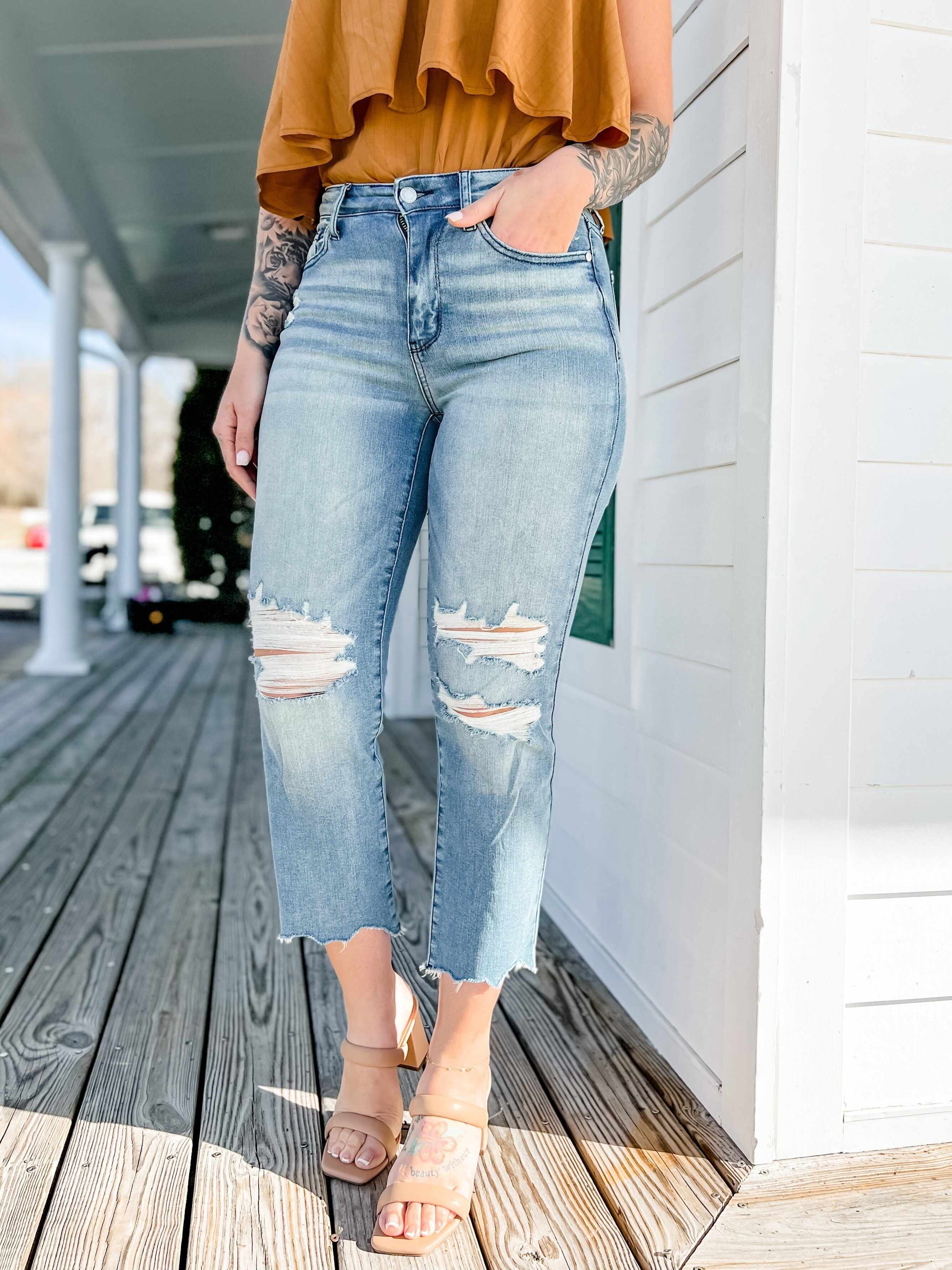 🔥Hot Sales🔥Look At Me Now Medium Wash Mid Rise Distressed Cropped Straight Leg Jeans