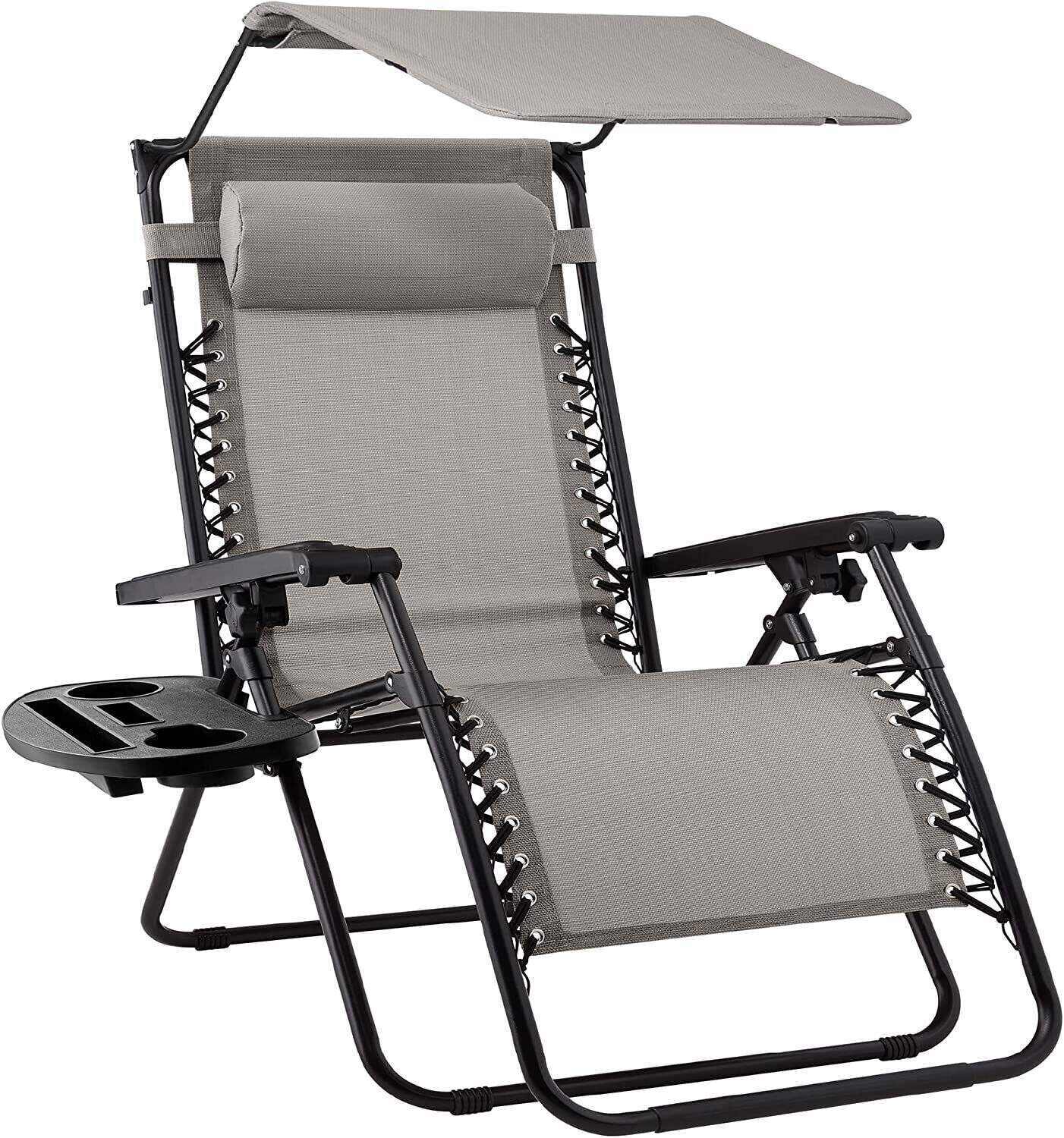 Folding Zero Gravity Recliner Patio Lounge Chair w/Adjustable Canopy Shade, Headrest, Side Accessory Tray, Textilene Mesh - Beige
