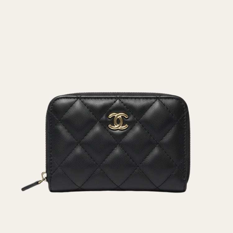 Chanel Zipped Coin Purse Black Gold Hardware 3.5 Inches