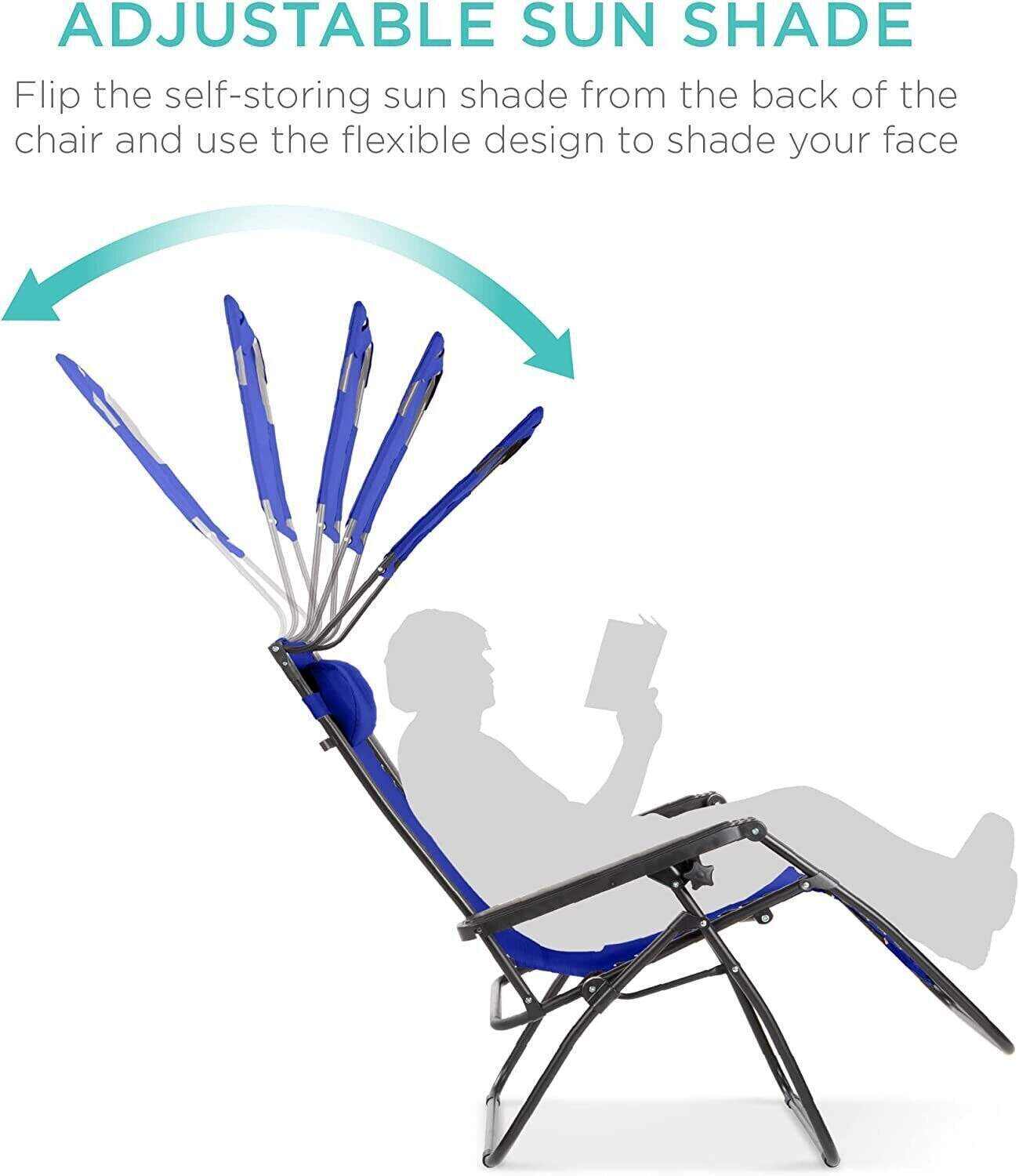 Folding Zero Gravity Recliner Patio Lounge Chair w/Adjustable Canopy Shade, Headrest, Side Accessory Tray, Textilene Mesh - Beige