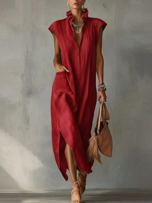 🔥Summer Arrivals🌟Women’s Ruffle Collar Cotton Linen Midi Dress – Elegant Summer Dress