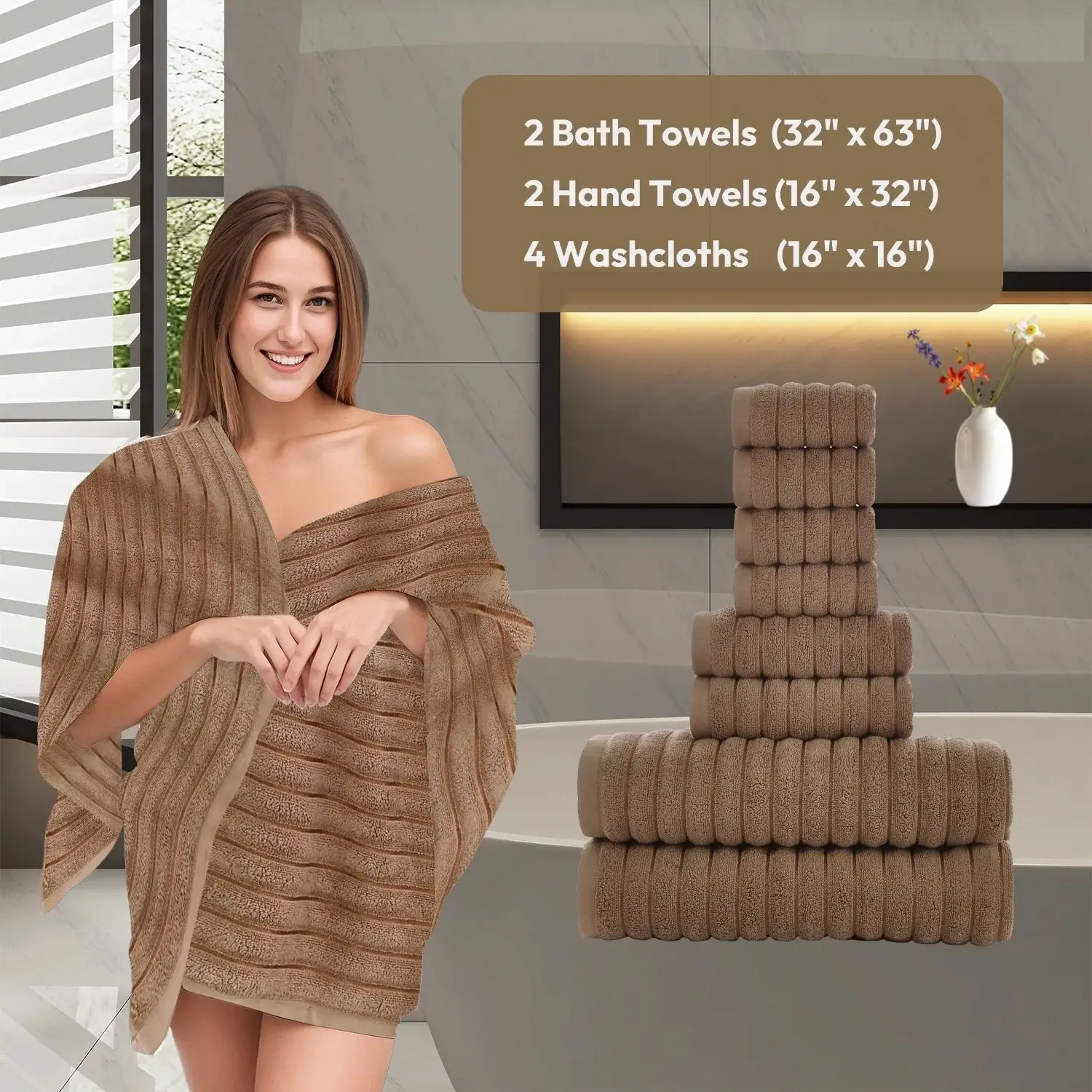 8 Piece Oversized Bath Towel Set, 100% Cotton Bath Towels, Highly Absorbant Bordered Towels
