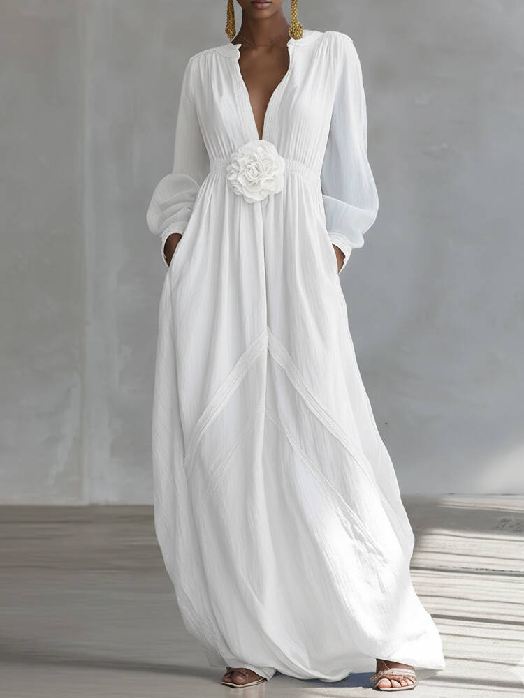 🔥Summer Arrivals🌟Elegant Three-dimensional Floral Cotton And Linen Maxi Dress