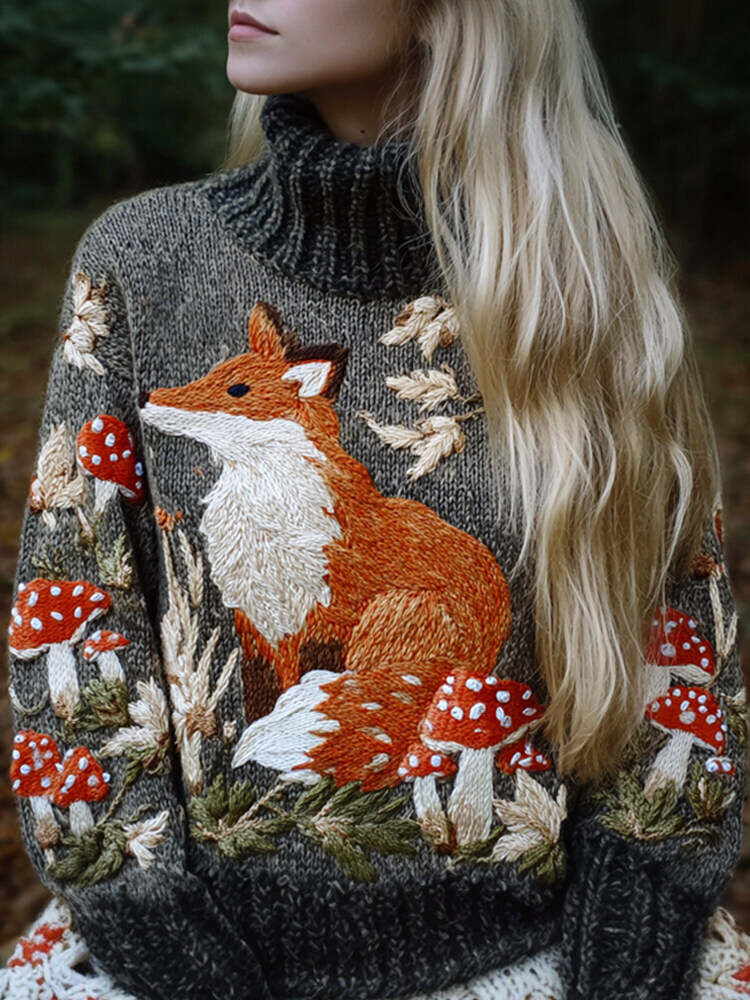 Fall Fox & Mushroom Embroidered Women's Knit Turtleneck Sweater