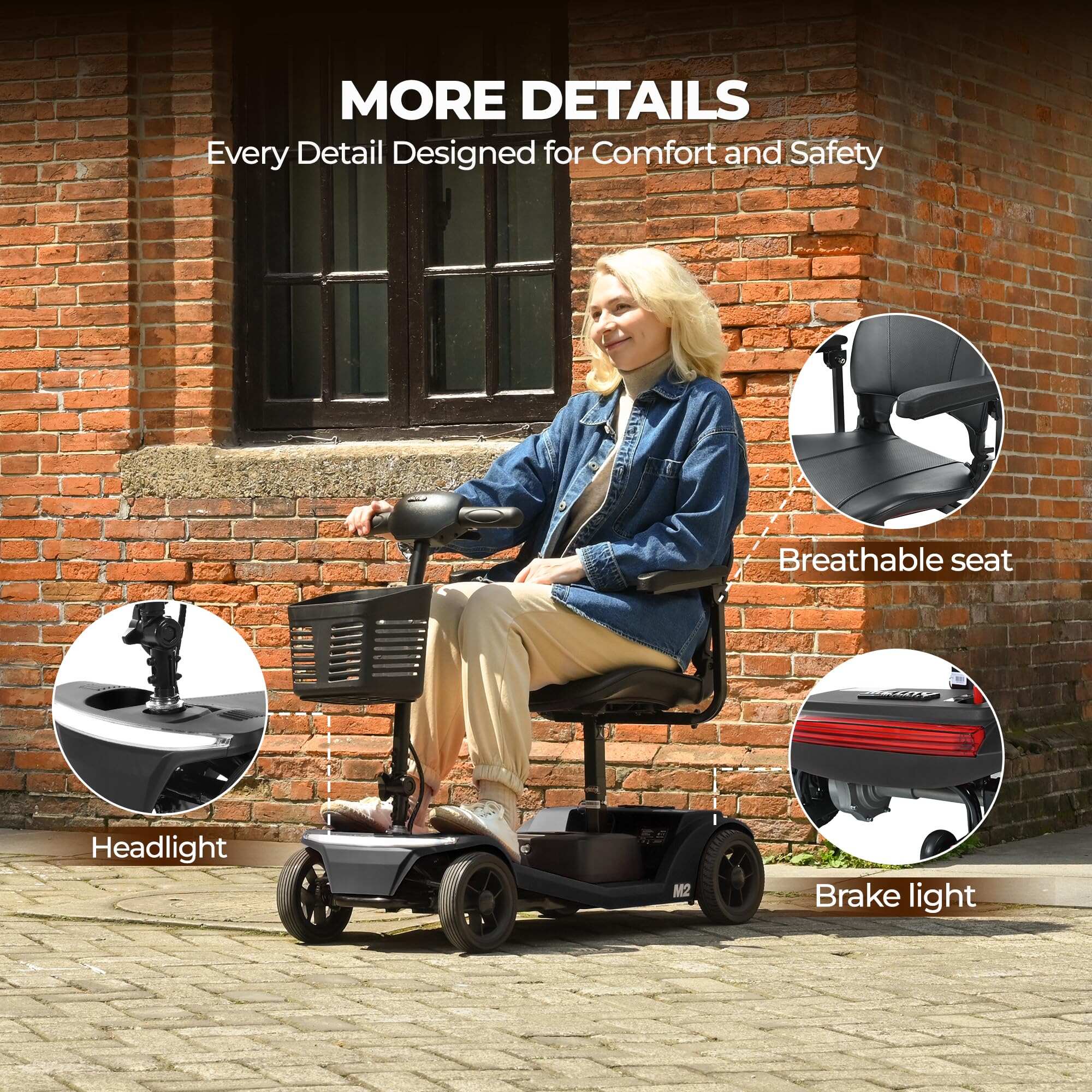 New electric four-wheeled mobility scooter boasts a 20 miles range, a 300lb load-bearing capacity, fast charging, and smartphone control