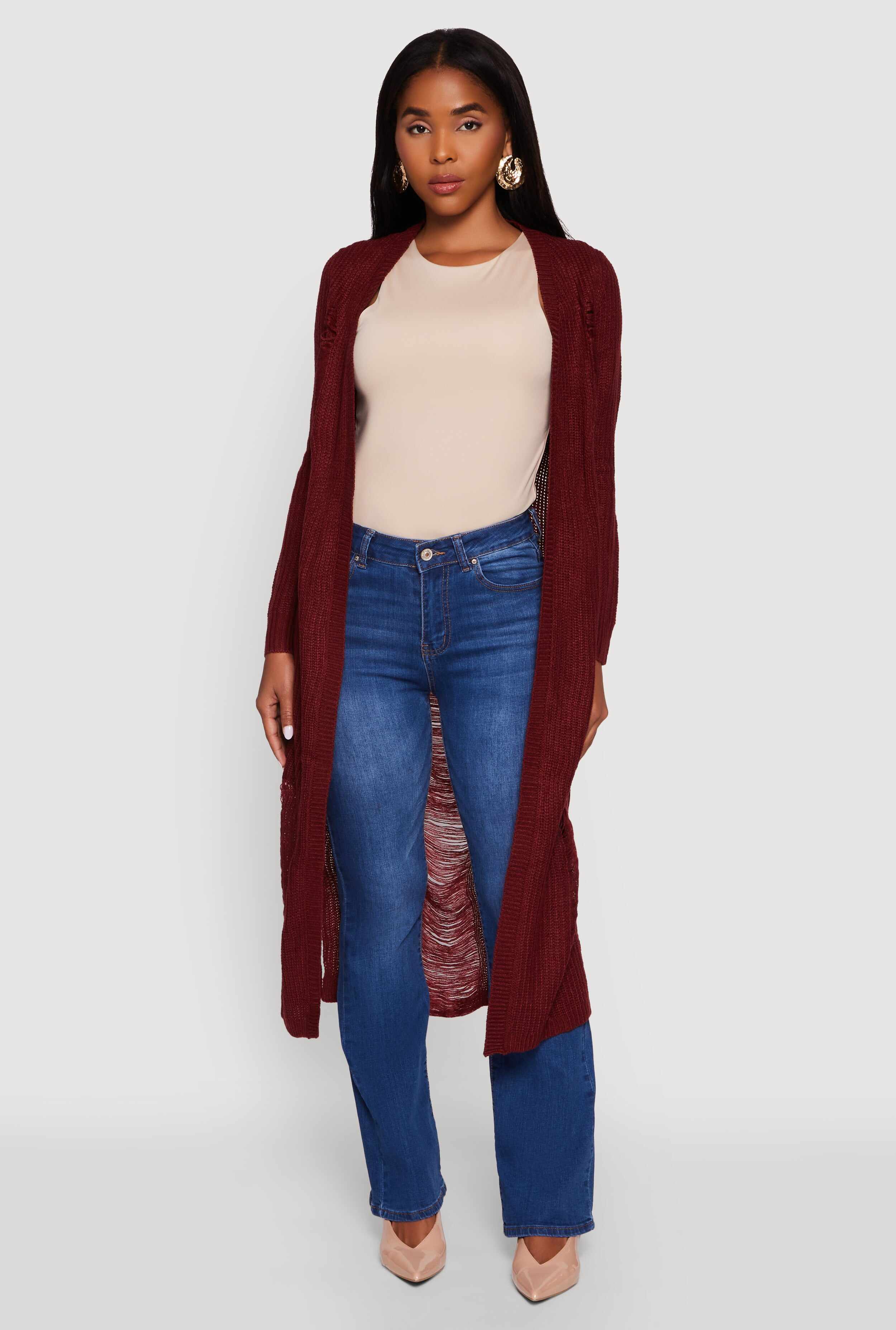 Distressed Long Sleeve Open Front Duster Cardigan