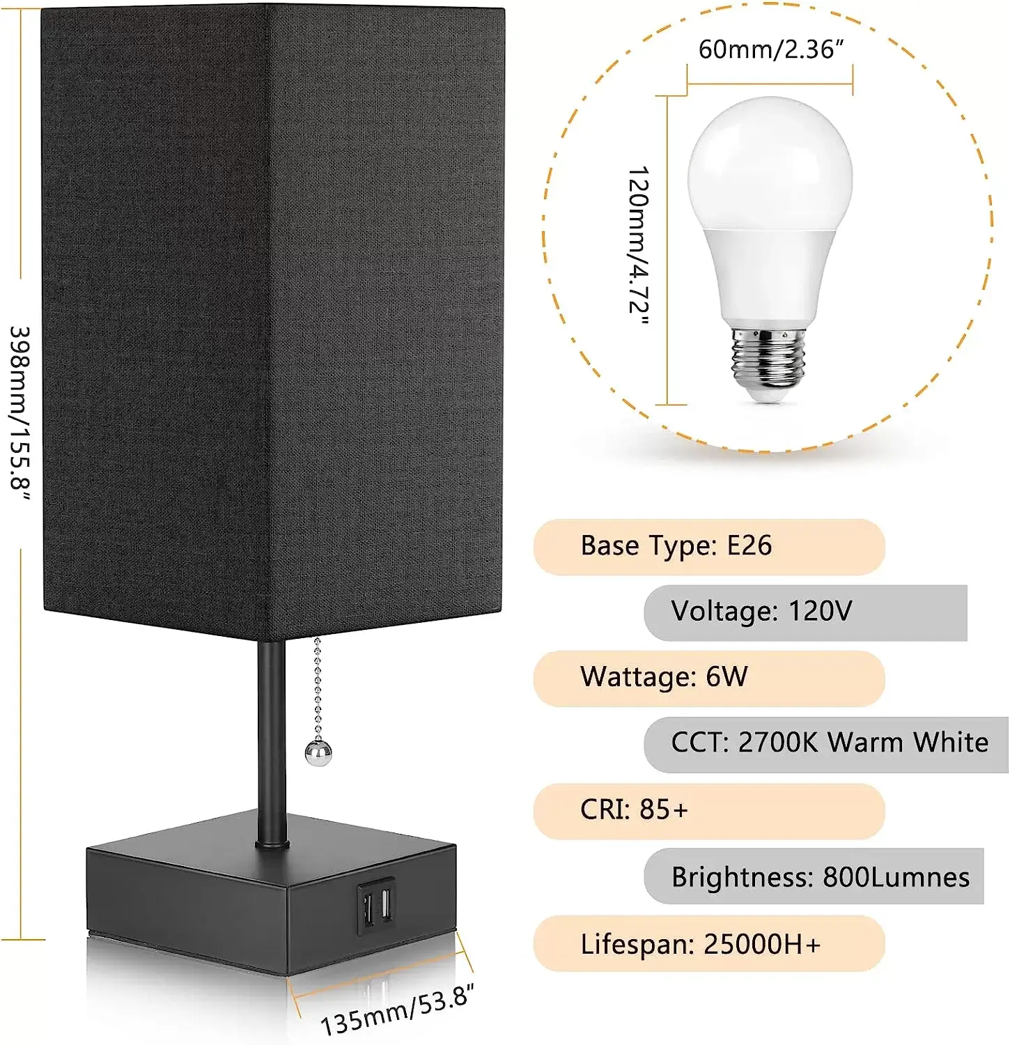 GGOYING Bedside Table Lamp, Pull Chain Table Lamp with Dual USB Charging Ports, 2700K LED Bulb, Fabric Linen Lampshade, Nightstand Lamp for Livingroom Bedroom Office Reading Working