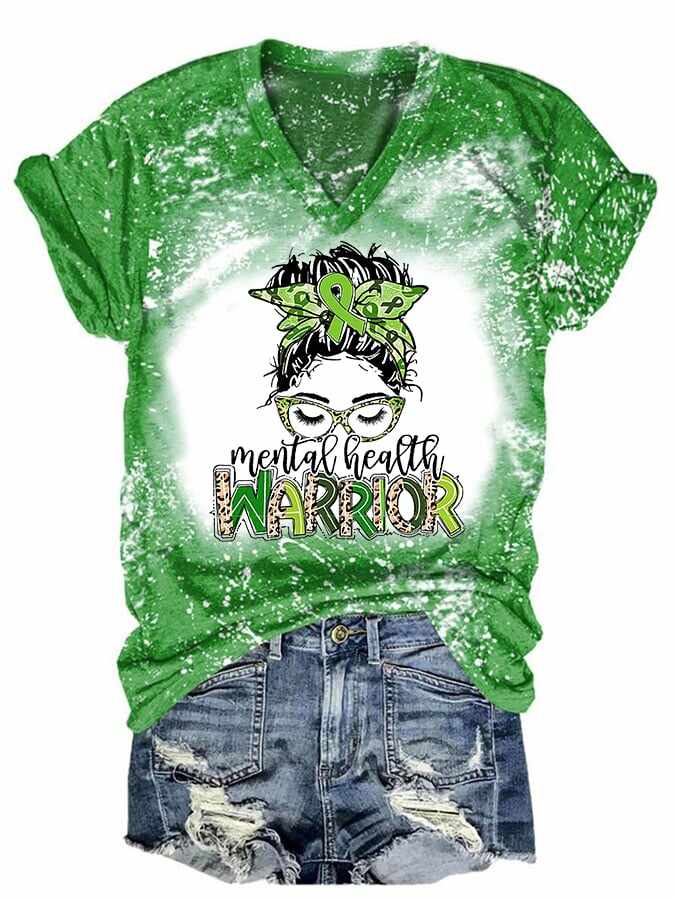 Women's Mental Health Warrior Print V-Neck Casual T-Shirt