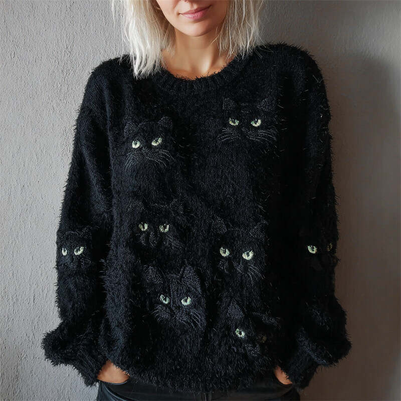 🎉Today's Deal✨Halloween Black Cat Faces Cozy Fuzzy Sweater