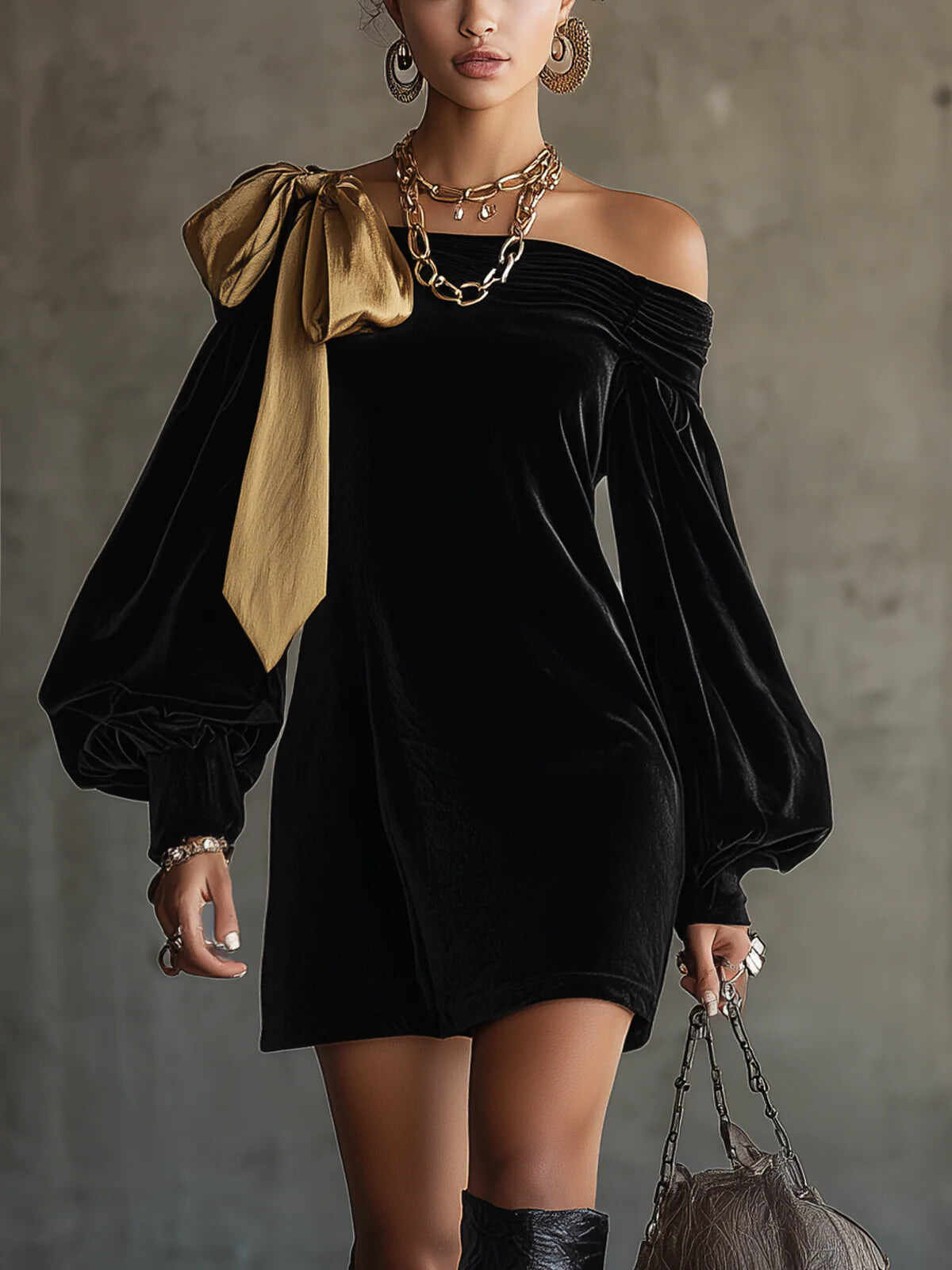 MINI VELVET DRESS WITH GOLD BOW