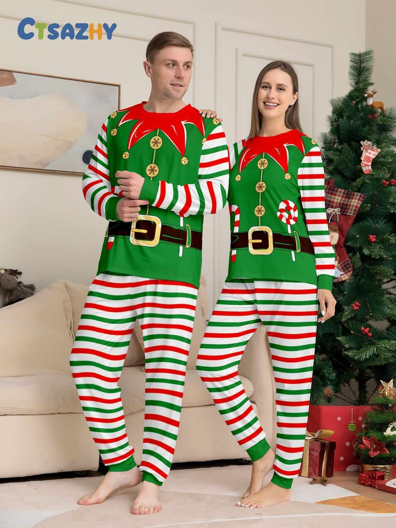 2024 3D Print Christmas Family Pajamas Red Green Striped Crutch Xmas Pajamas