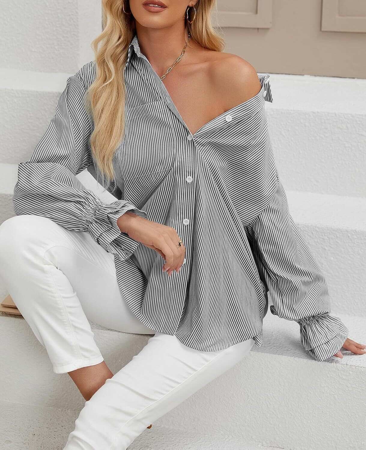 Women's Striped Button Down Shirts Smocked Cuffed Boyfriend Shirt Long Sleeve Blouse Top with 3 Pockets