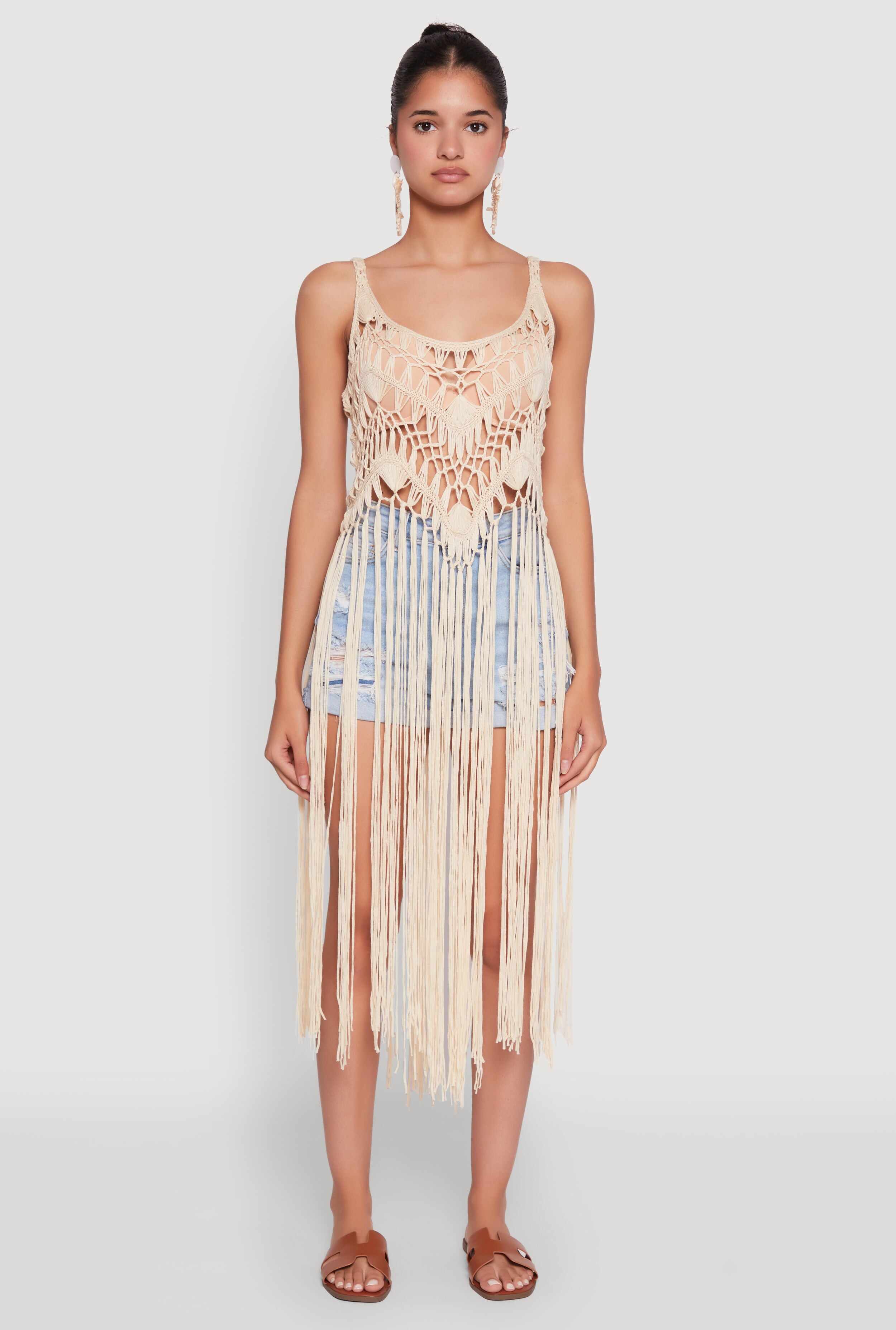 Trendy Crochet Scoop Neck Fringe Maxi Top