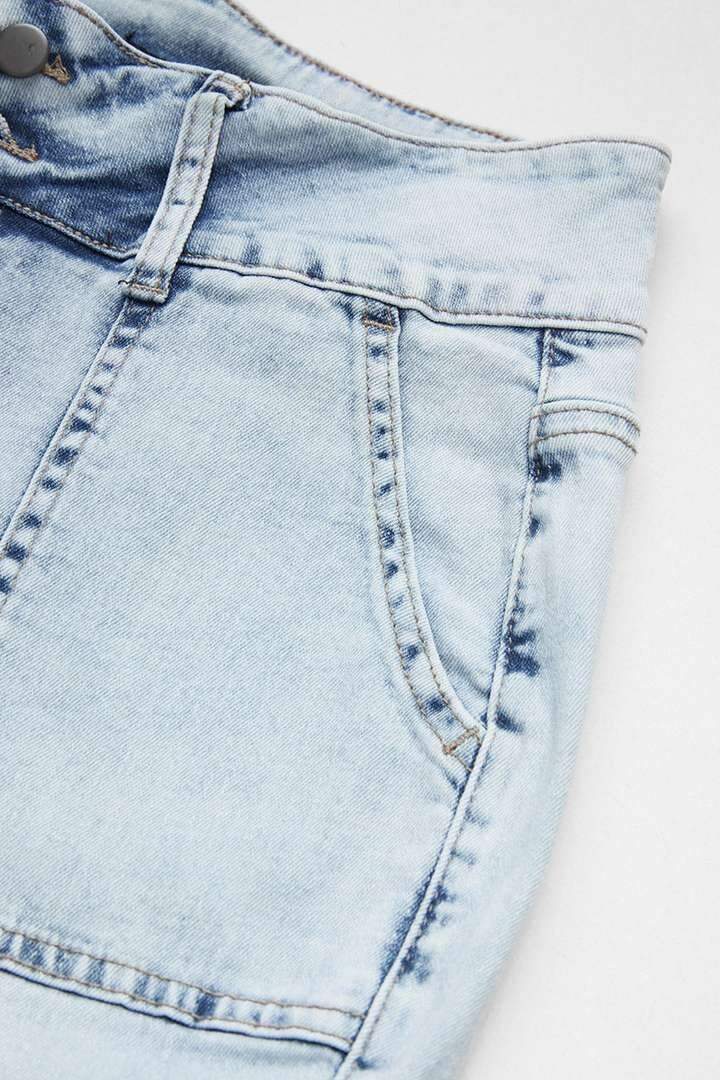 Multi Pocket Double Button Mid Rise Flare Cargo Jeans