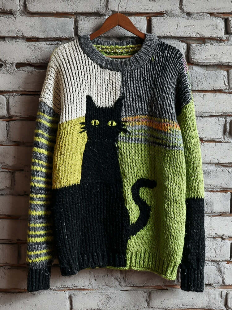 Halloween Black Cat Colorblock Cozy Knitted Sweater