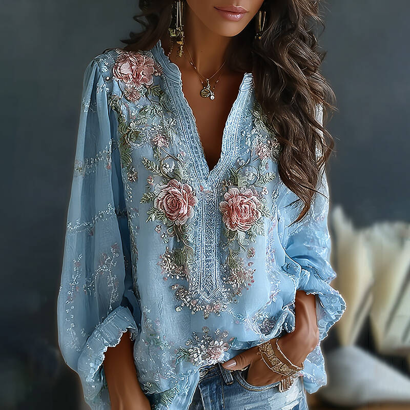 Women's Vintage Spring Floral Embroidered Art Print Flowy Linen Blend Casual Tops