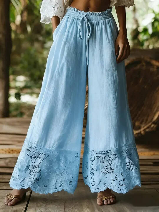 🔥Summer Arrivals🌟Women's Solid Color High-waisted Drawstring Wide-leg Pants With Cotton And Linen Lace Trim