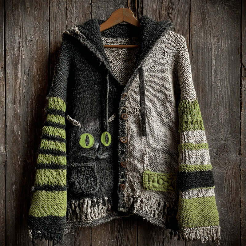 Halloween Black Cat Contrast Striped Hooded Cozy Knit Cardigan