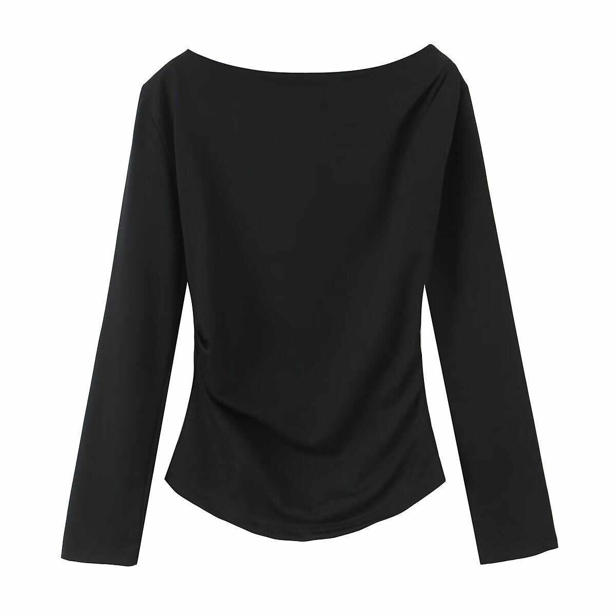 Spring New Simple And Versatile Long-sleeve Asymmetrical Elastic Top For Women With Pleats
