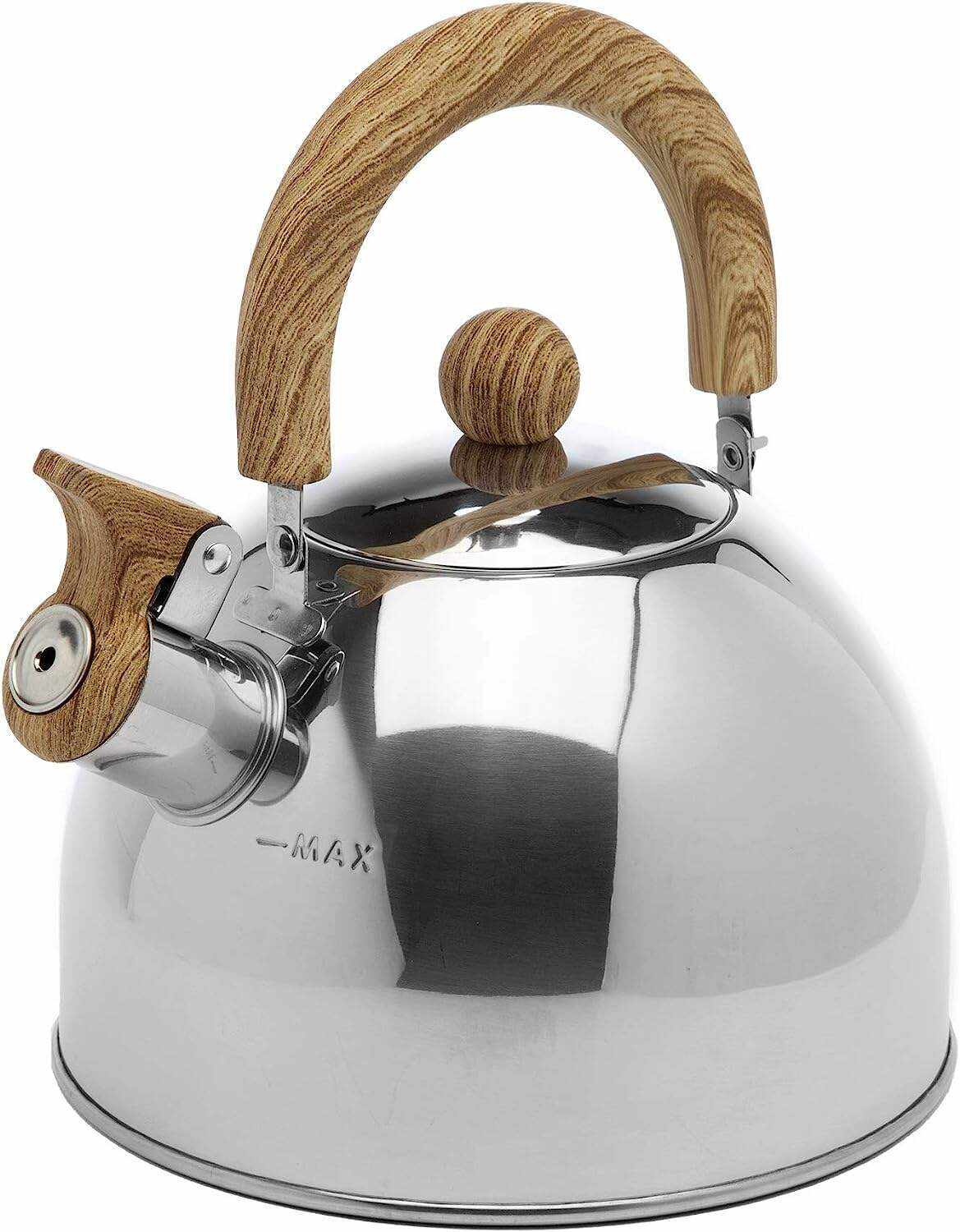 Primula Stewart Whistling Stovetop Tea Kettle Food Grade Stainless Steel, Hot Water Fast to Boil, Cool Touch Folding, 1.5-Quart, Brushed with Black Handle